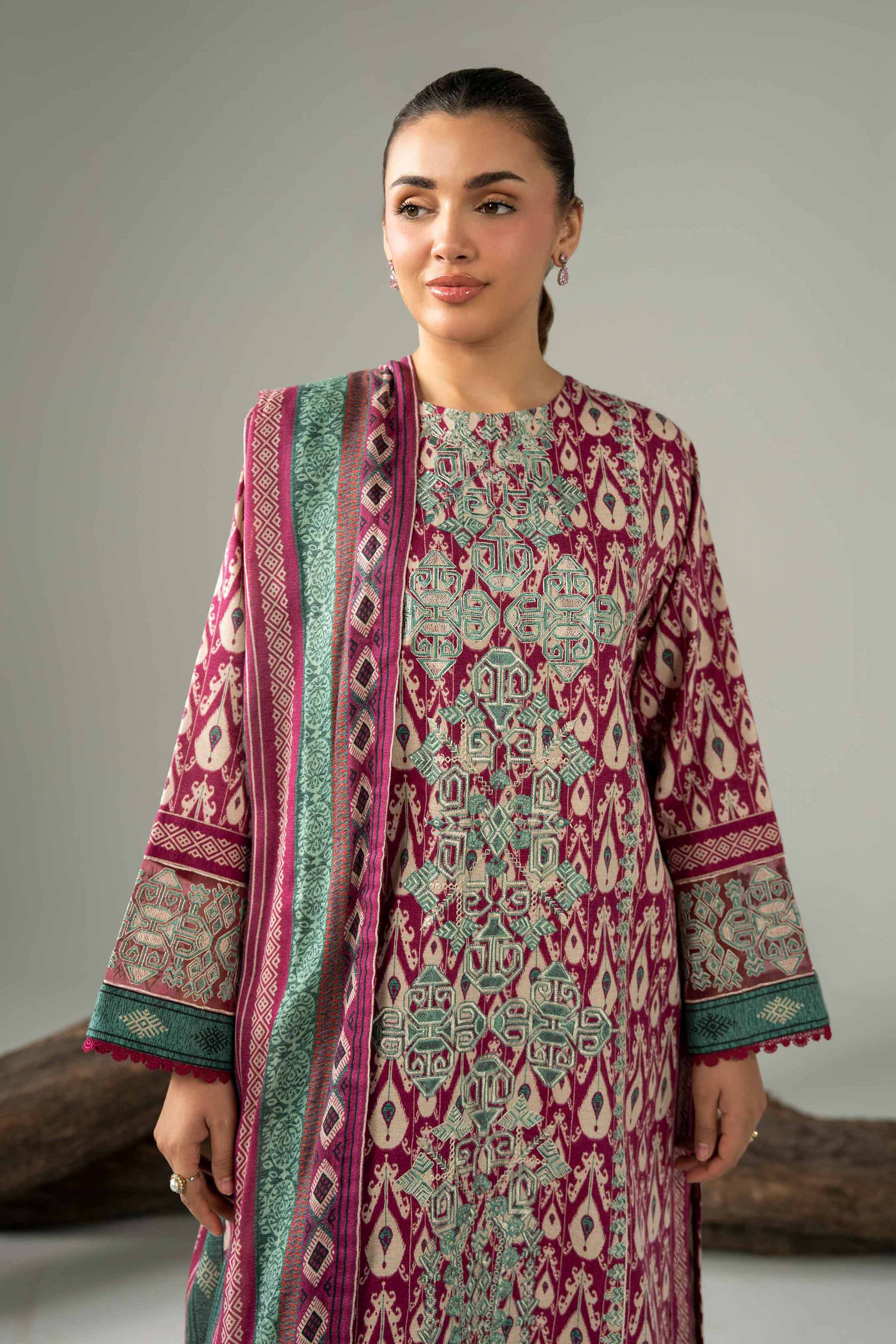 NishatUAE - Burgundy & Beige Embroidered Karandi 3-piece Unstitched Suit