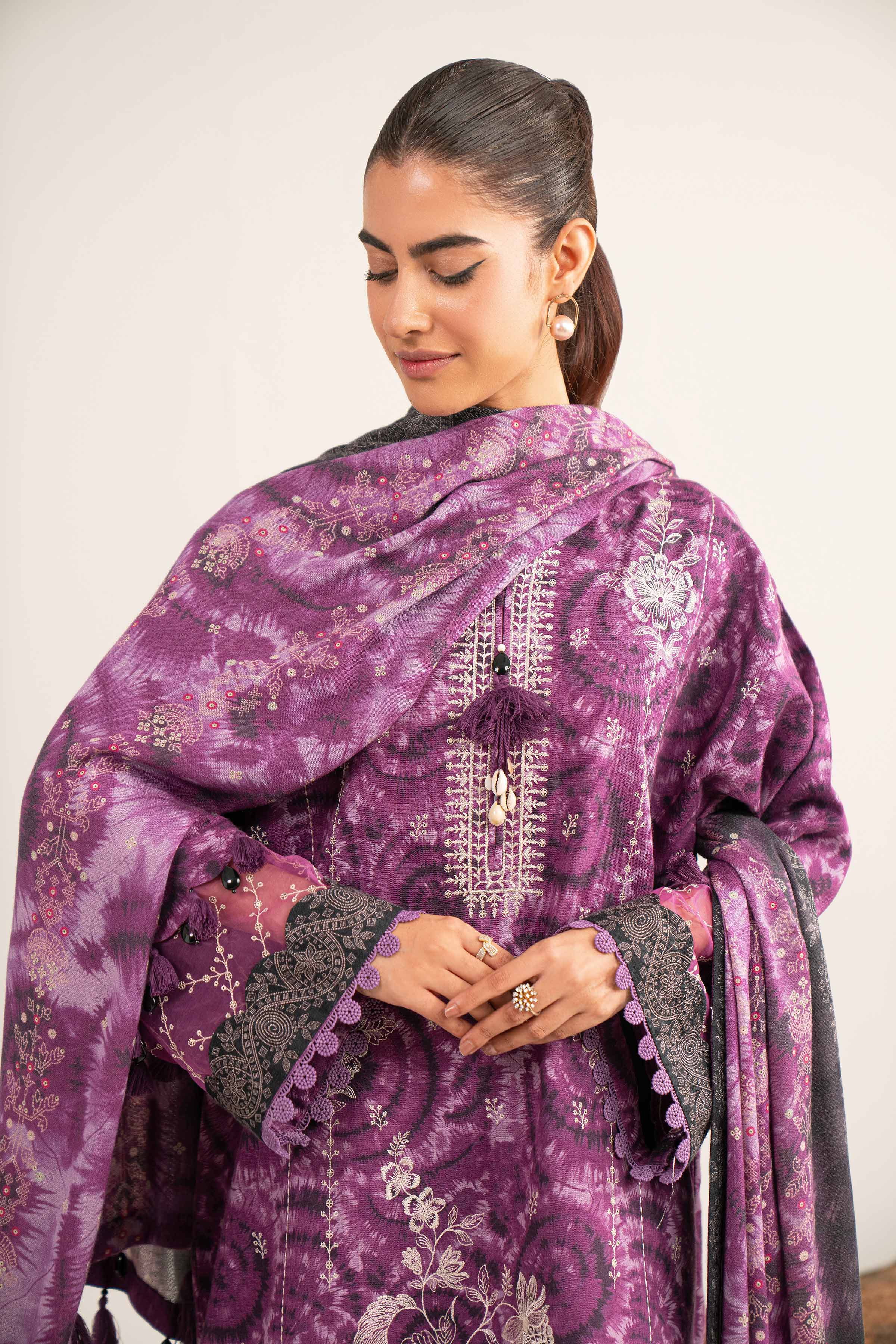 NishatUAE - Purple & Mauve Embroidered Karandi 3-piece Unstitched Suit