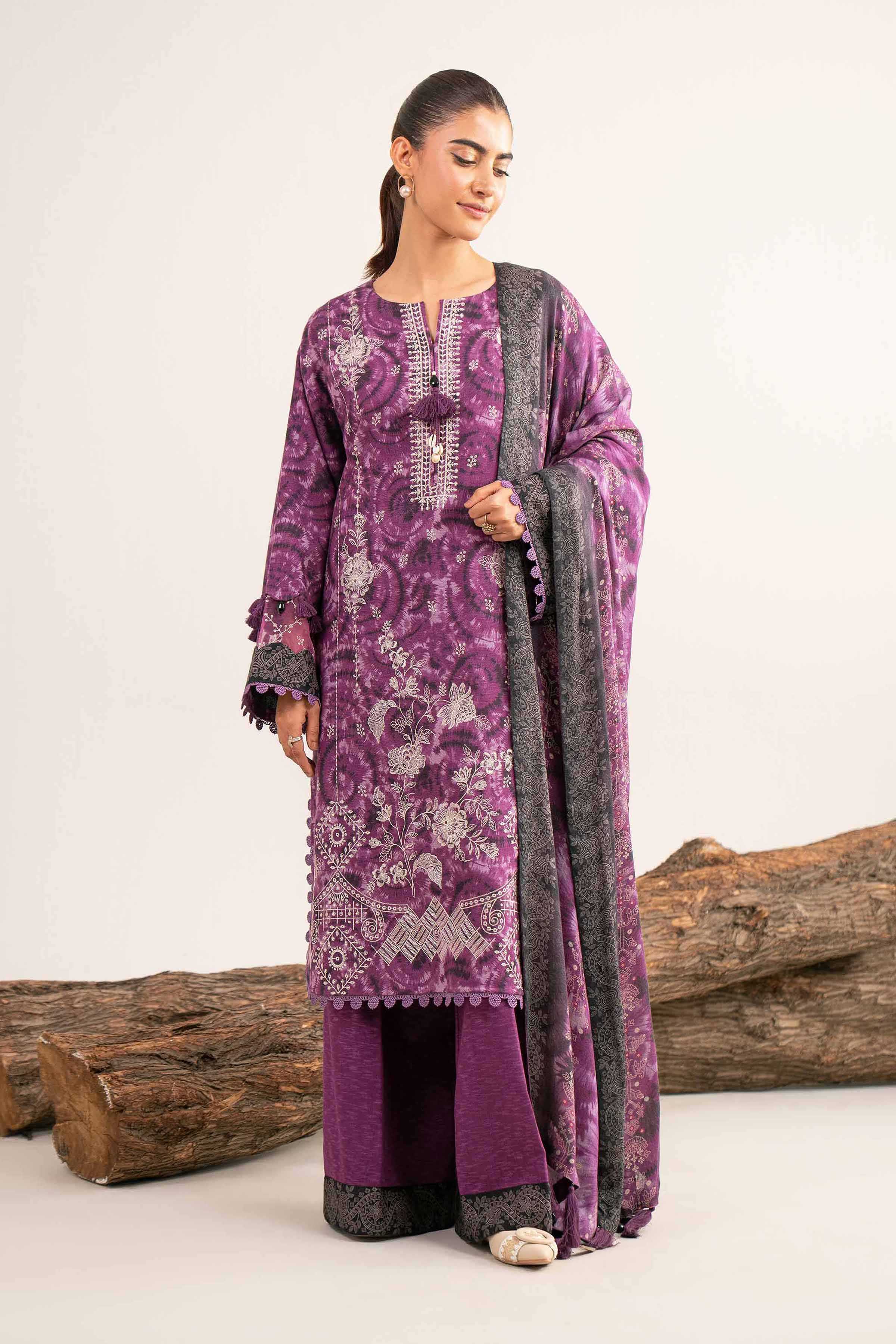 NishatUAE - Purple & Mauve Embroidered Karandi 3-piece Unstitched Suit