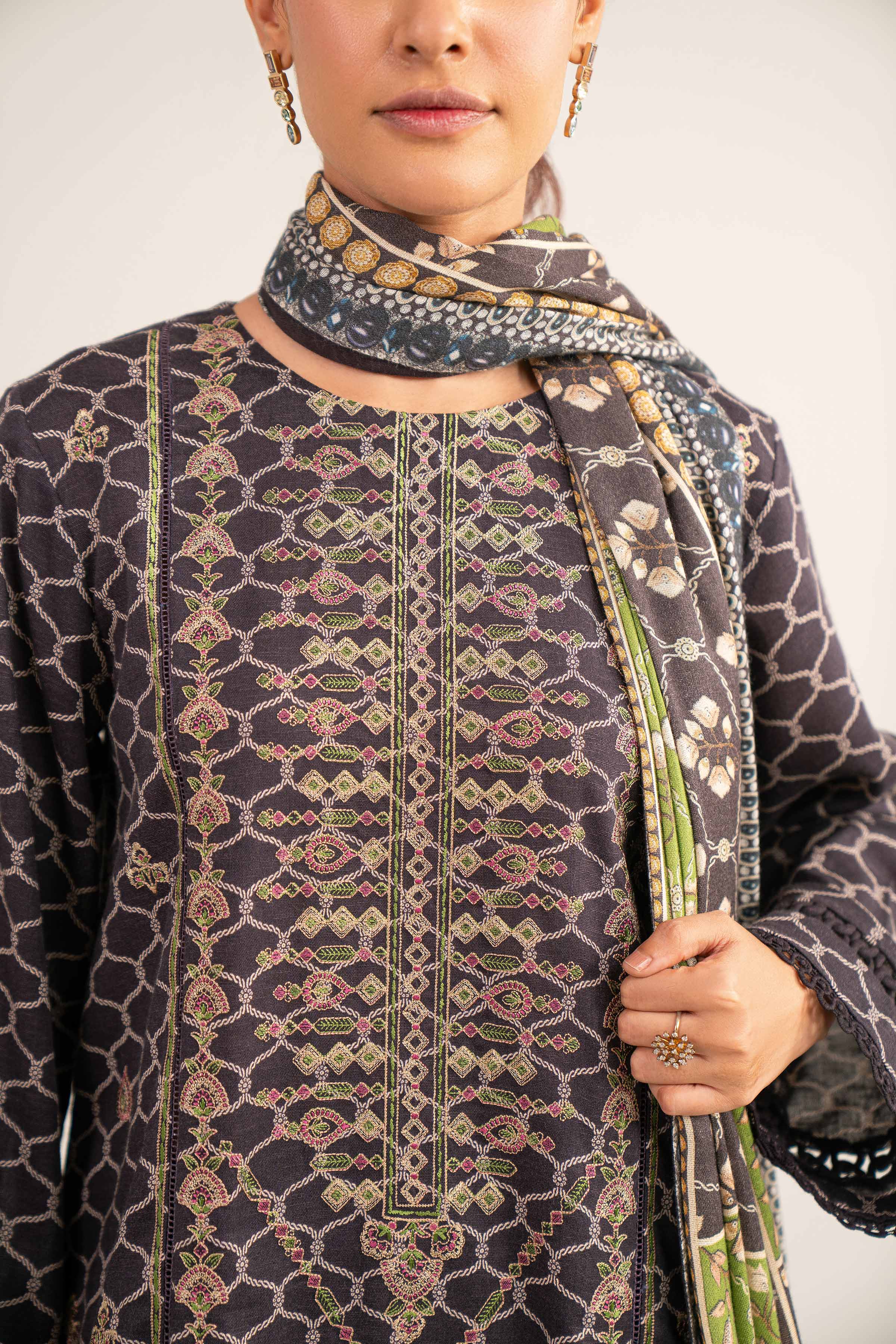 NishatUAE - Brown & Green Embroidered Karandi 3-piece Unstitched Suit