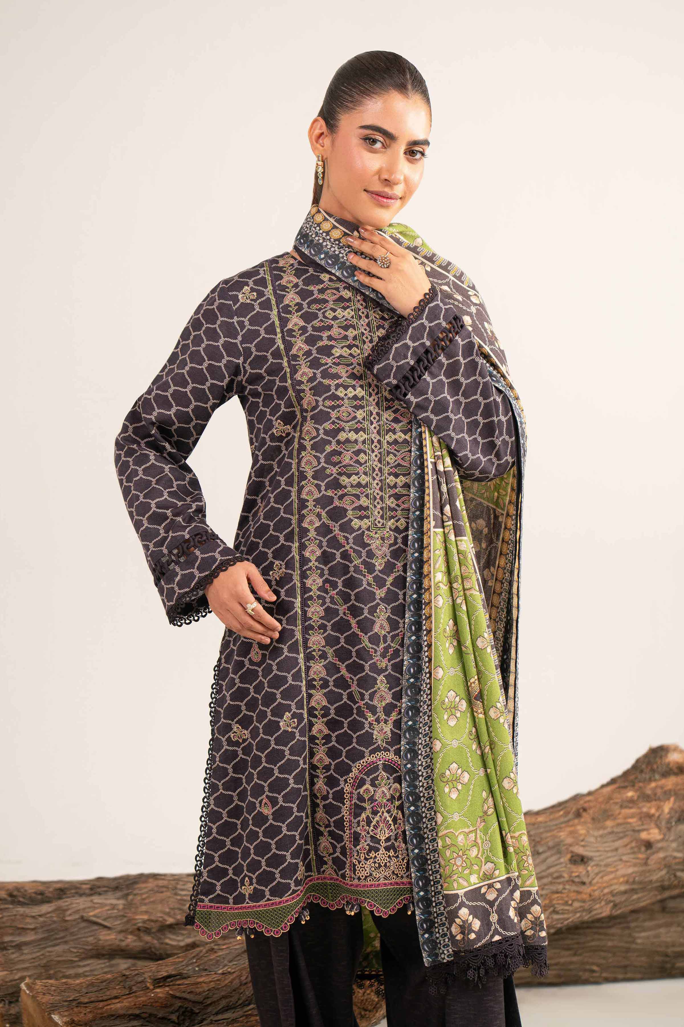 NishatUAE - Brown & Green Embroidered Karandi 3-piece Unstitched Suit