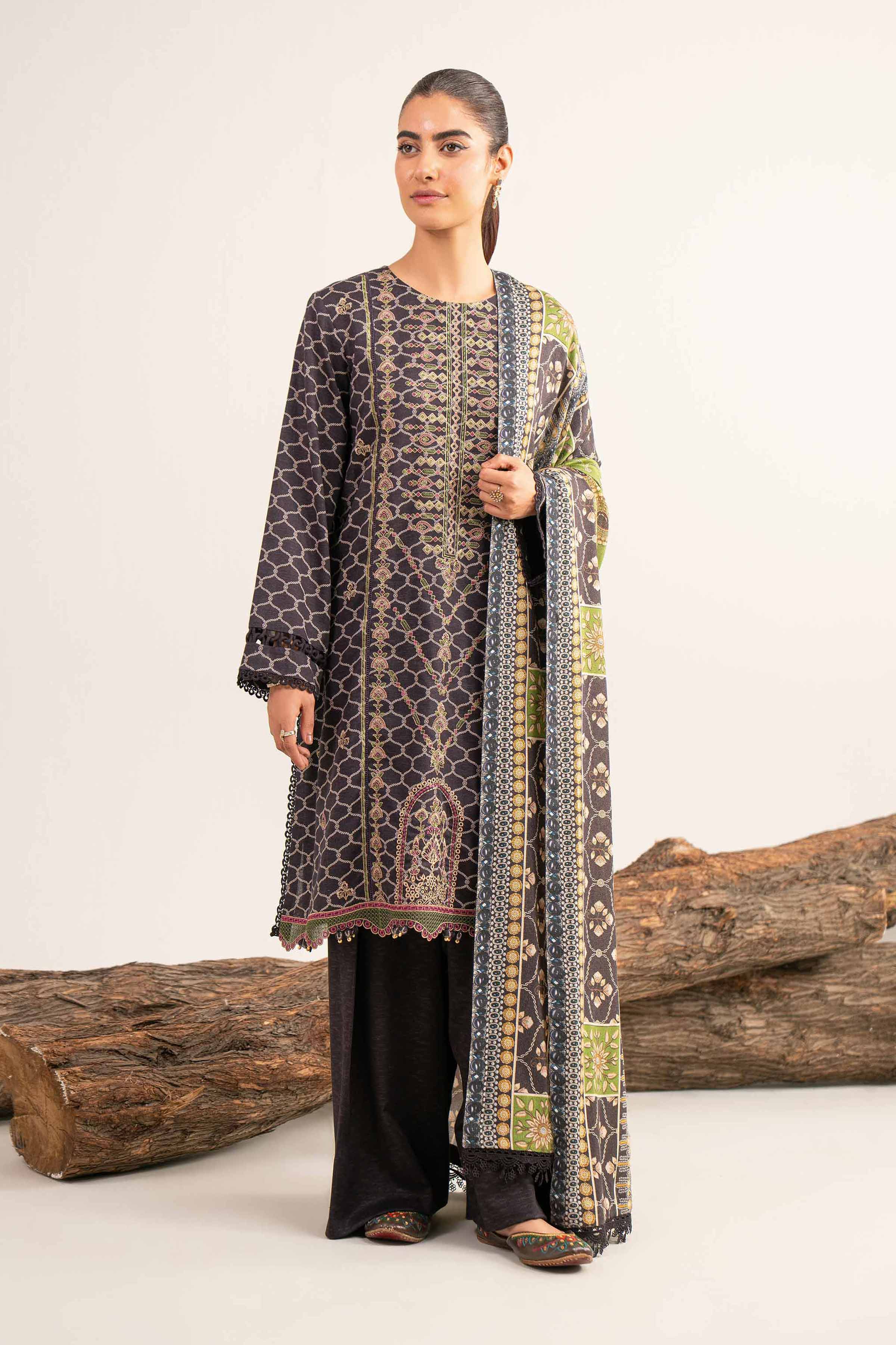 NishatUAE - Brown & Green Embroidered Karandi 3-piece Unstitched Suit