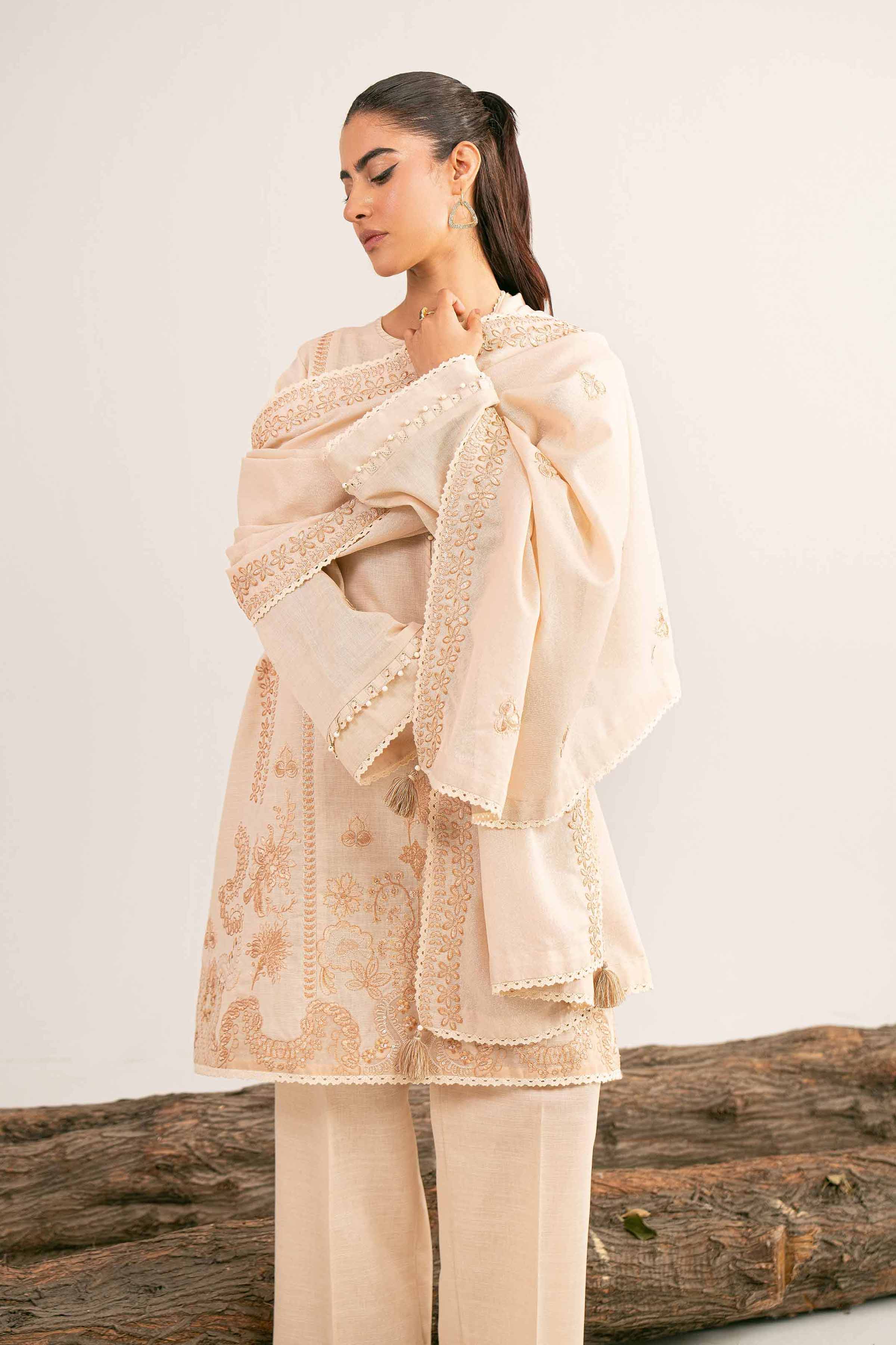 NishatUAE - Off White Embroidered Khaddar 3-piece Unstitched Suit