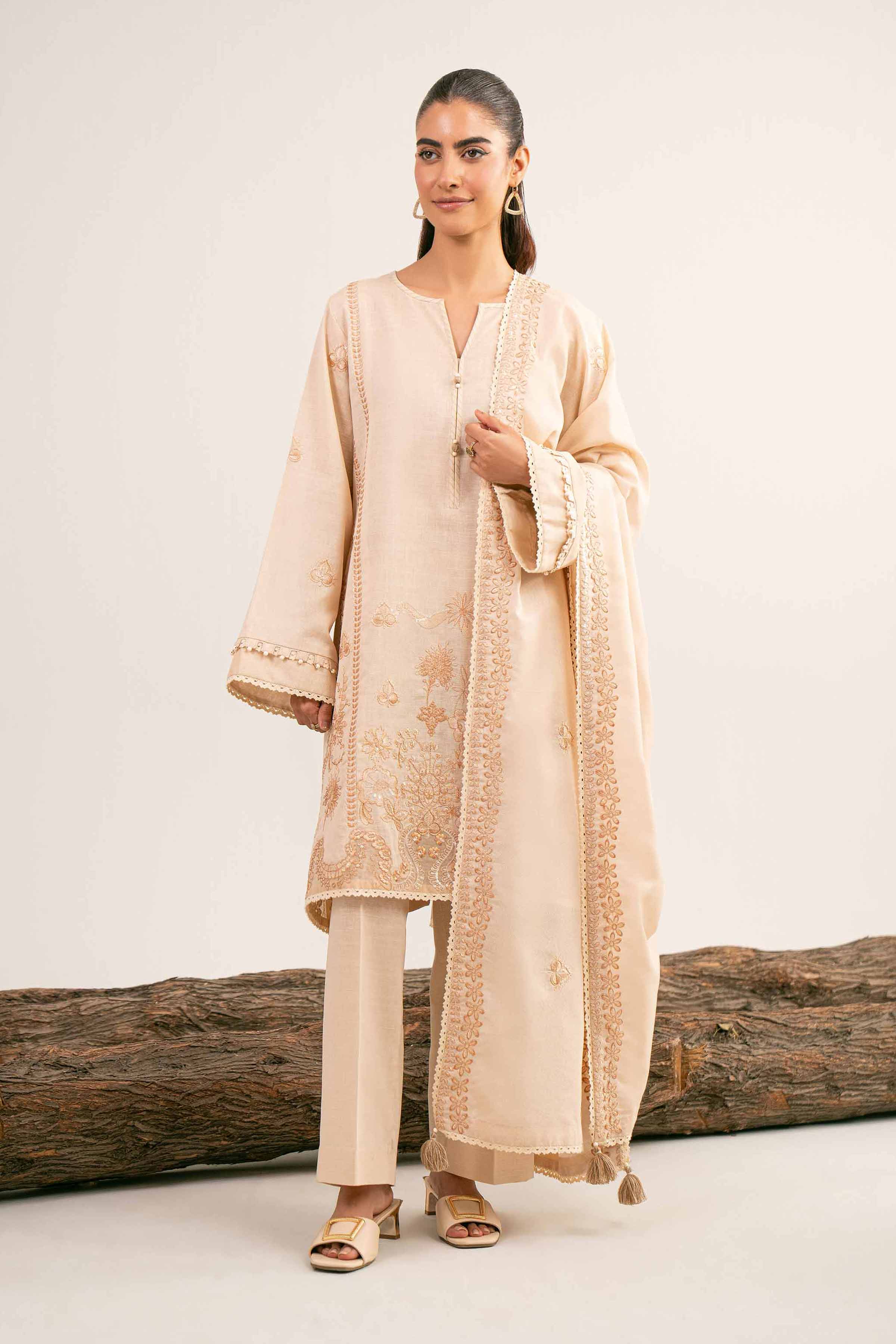 NishatUAE - Off White Embroidered Khaddar 3-piece Unstitched Suit