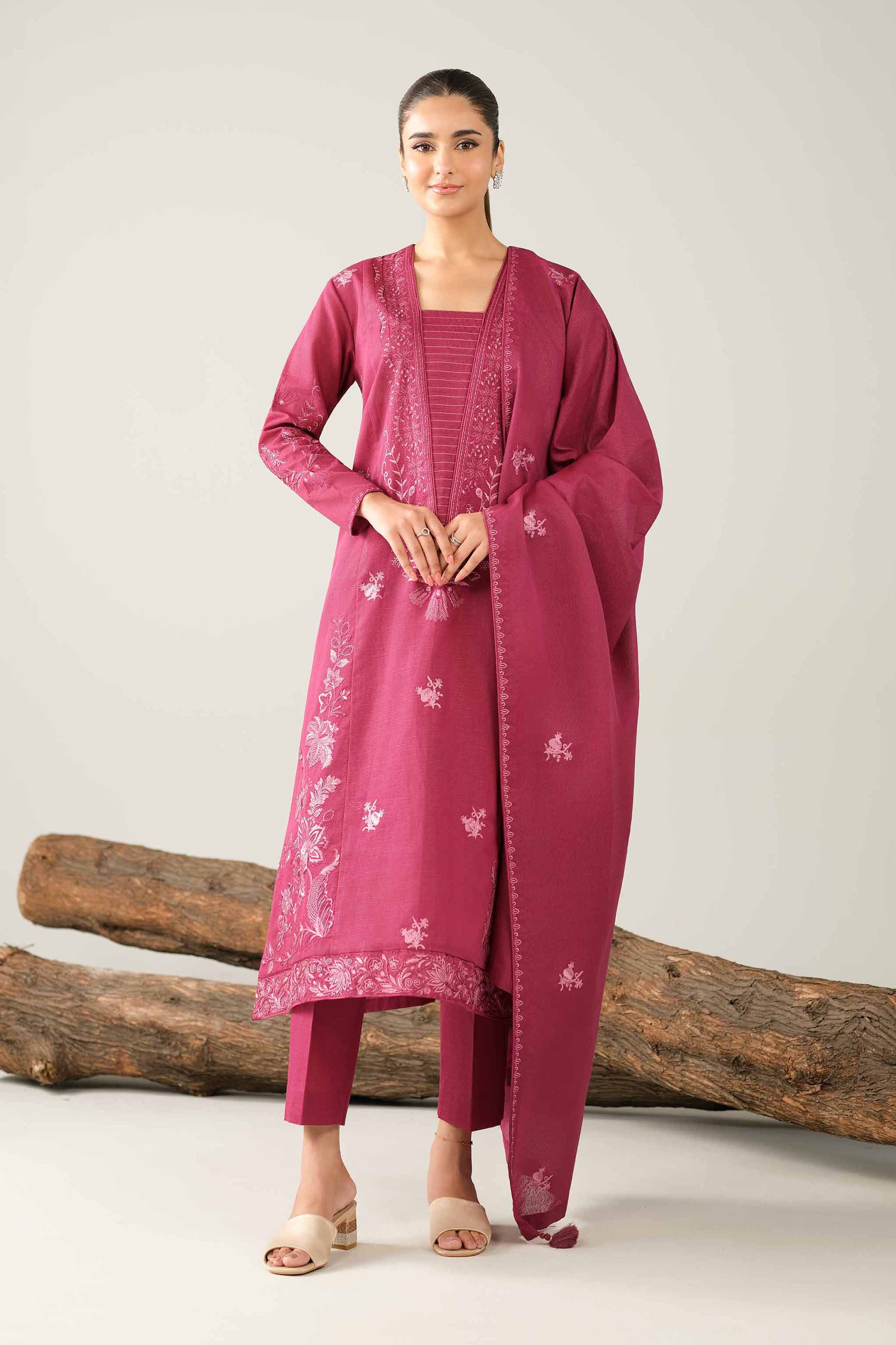 NishatUAE - Burgundy Embroidered Khaddar 3-piece Unstitched Suit