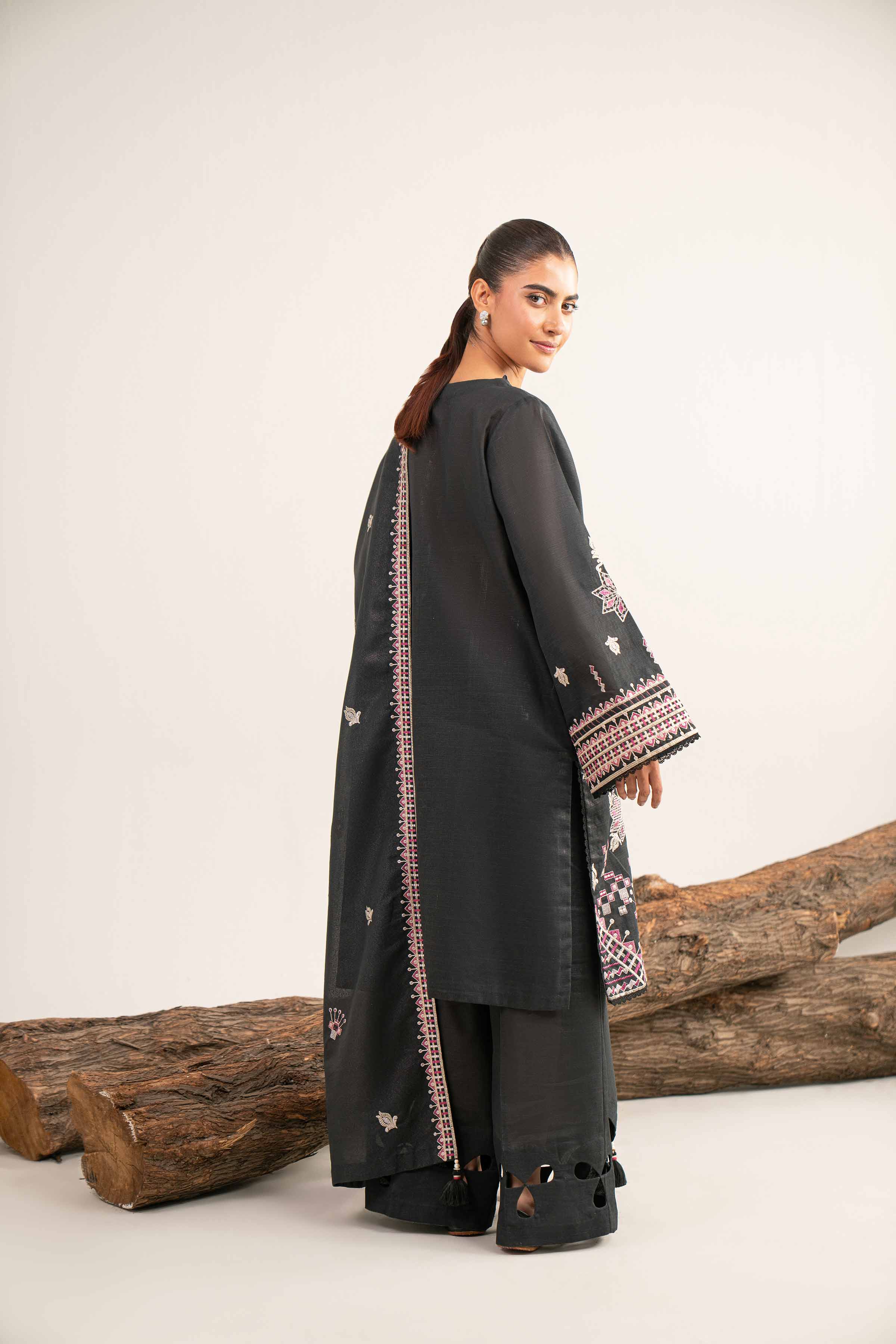NishatUAE - Black Embroidered Khaddar 3-piece Unstitched Suit