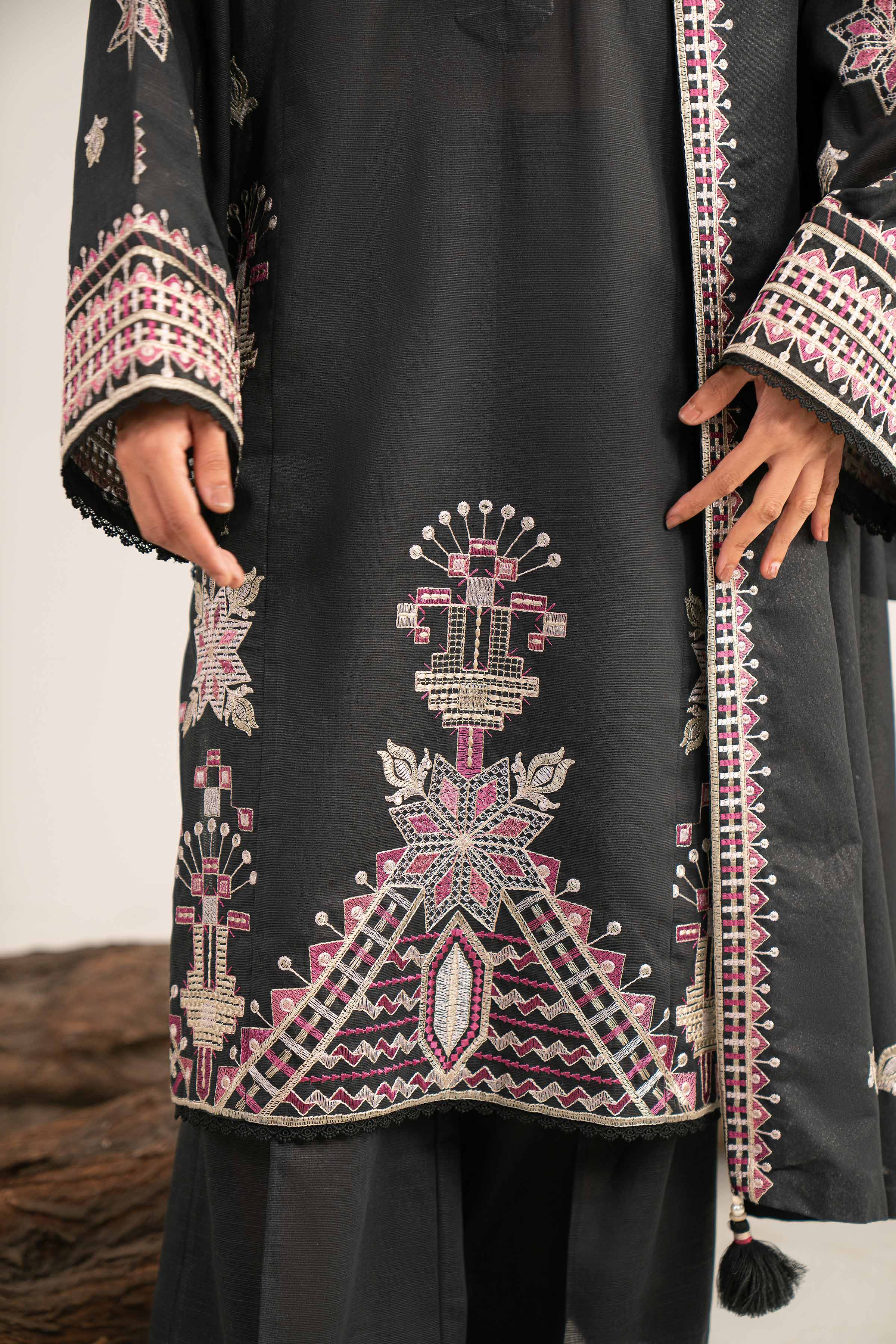 NishatUAE - Black Embroidered Khaddar 3-piece Unstitched Suit