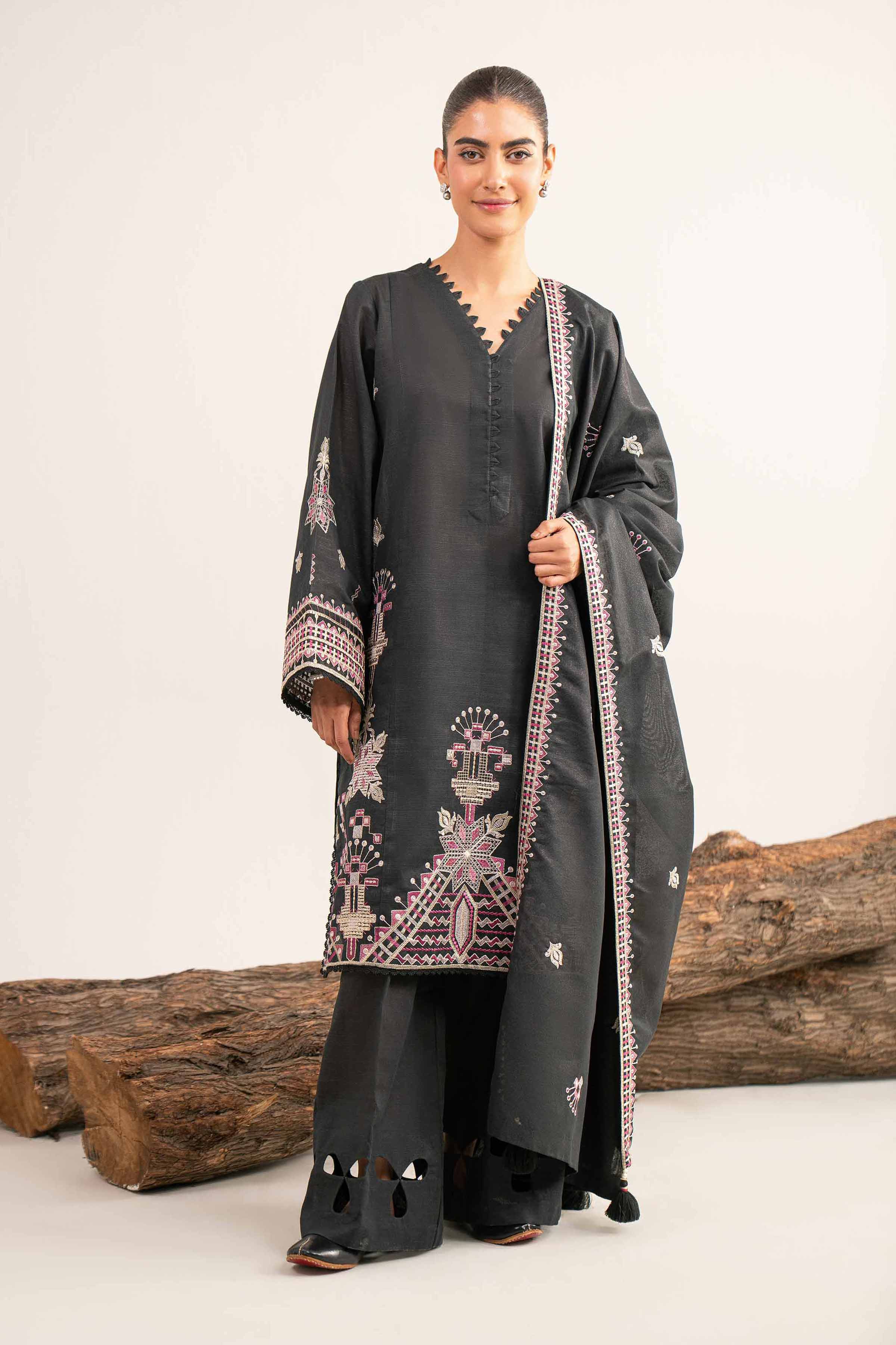 NishatUAE - Black Embroidered Khaddar 3-piece Unstitched Suit