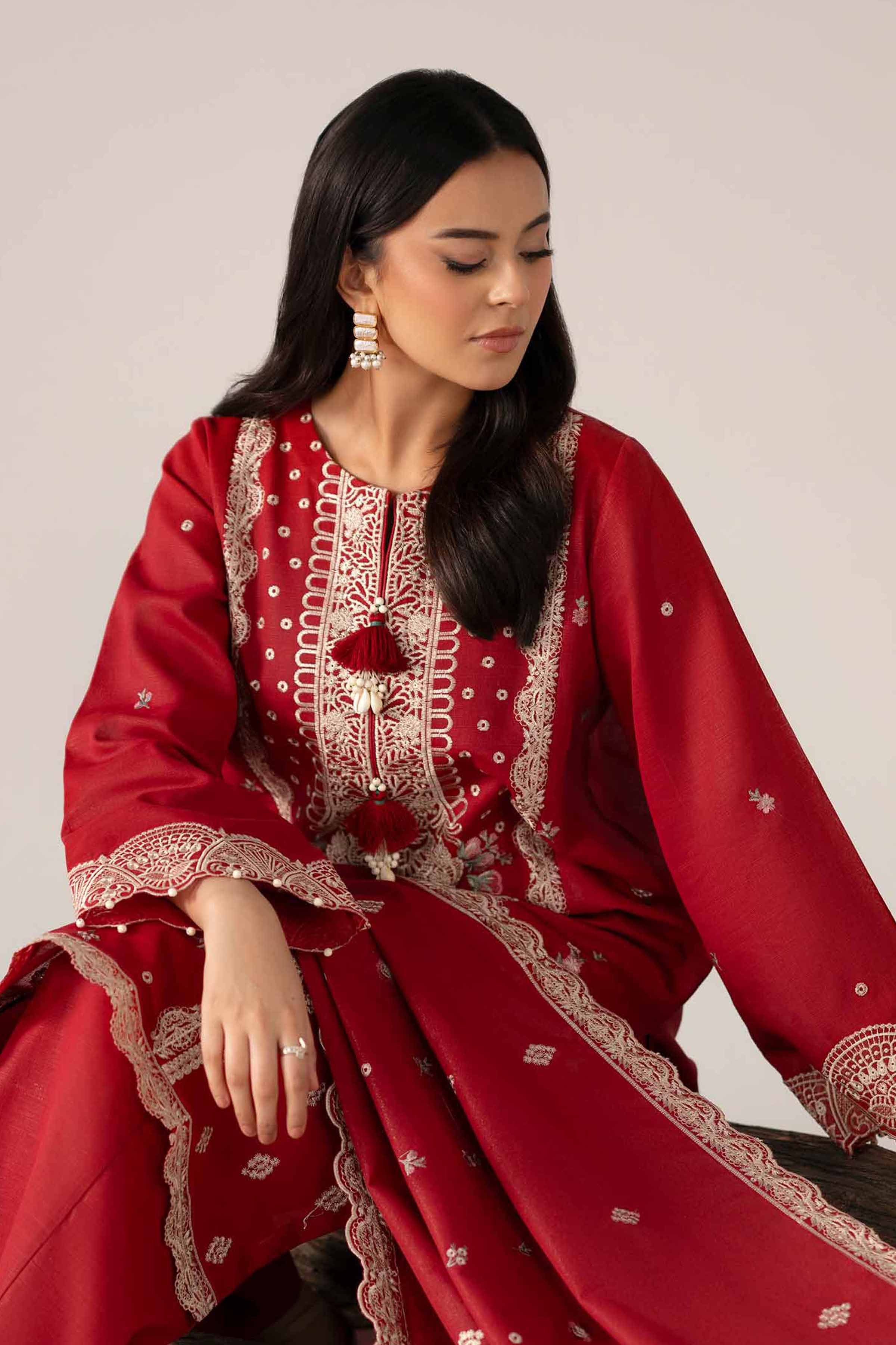 NishatUAE - Red Embroidered Khaddar 3-piece Unstitched Suit