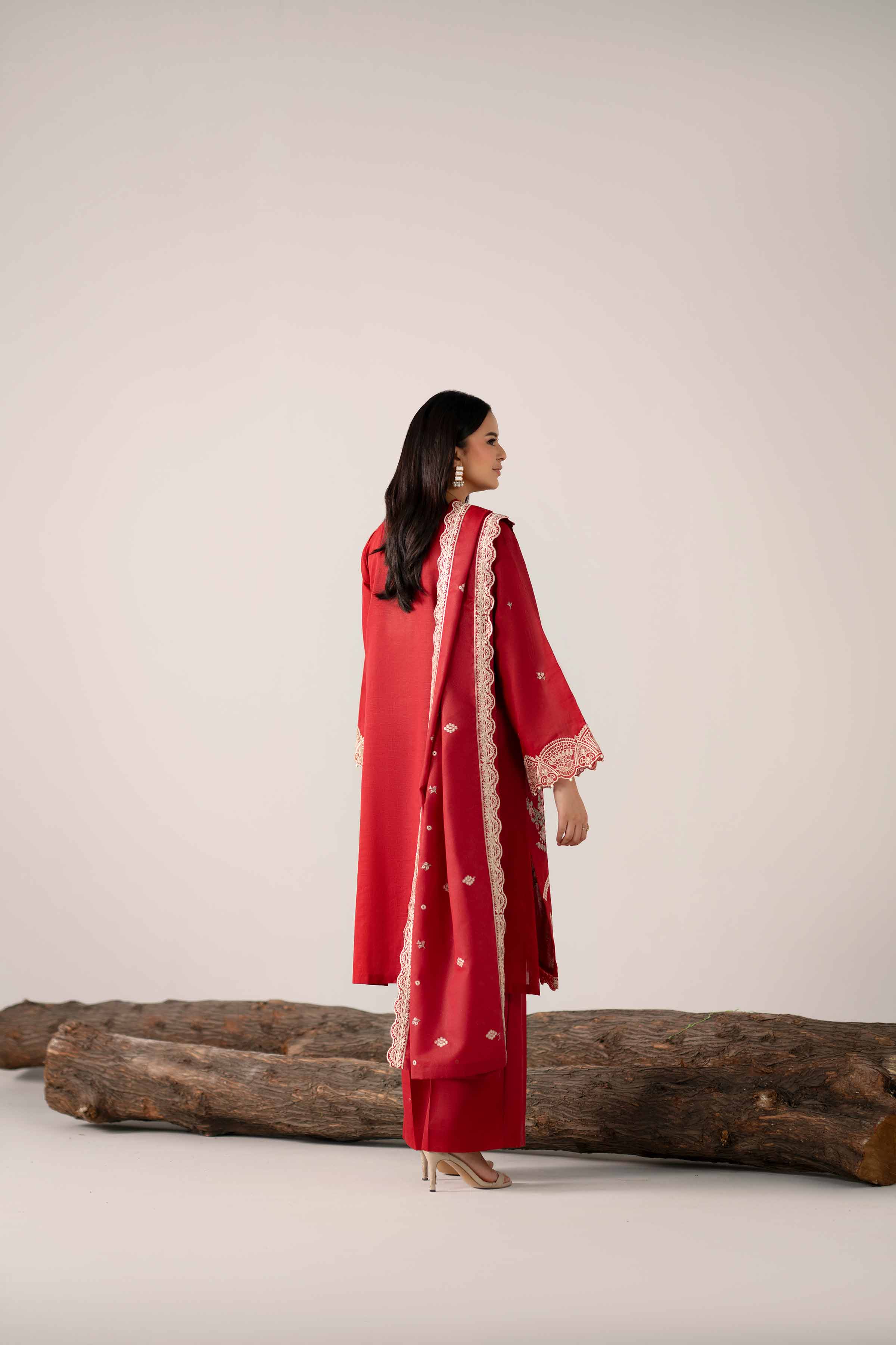 NishatUAE - Red Embroidered Khaddar 3-piece Unstitched Suit