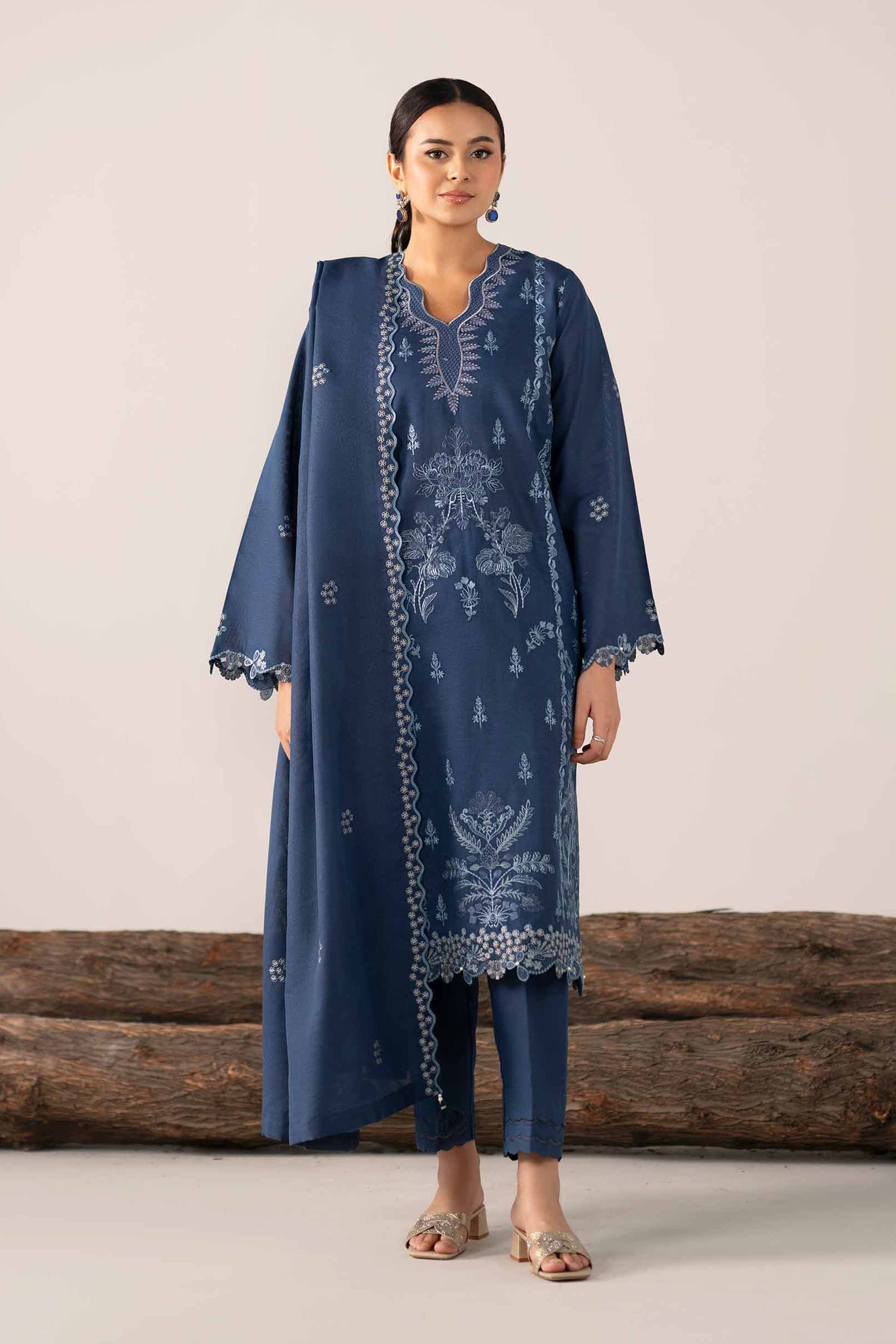 NishatUAE - Blue Embroidered Khaddar 3-piece Unstitched Suit