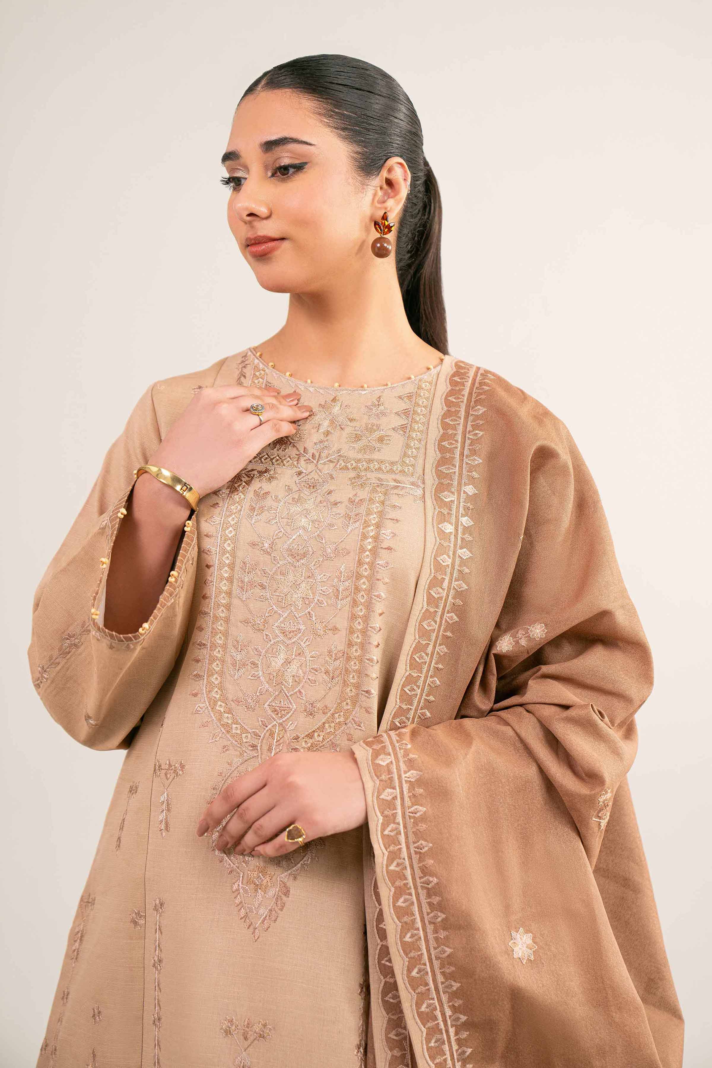 NishatUAE - Brown & Beige Embroidered Khaddar 3-piece Unstitched Suit