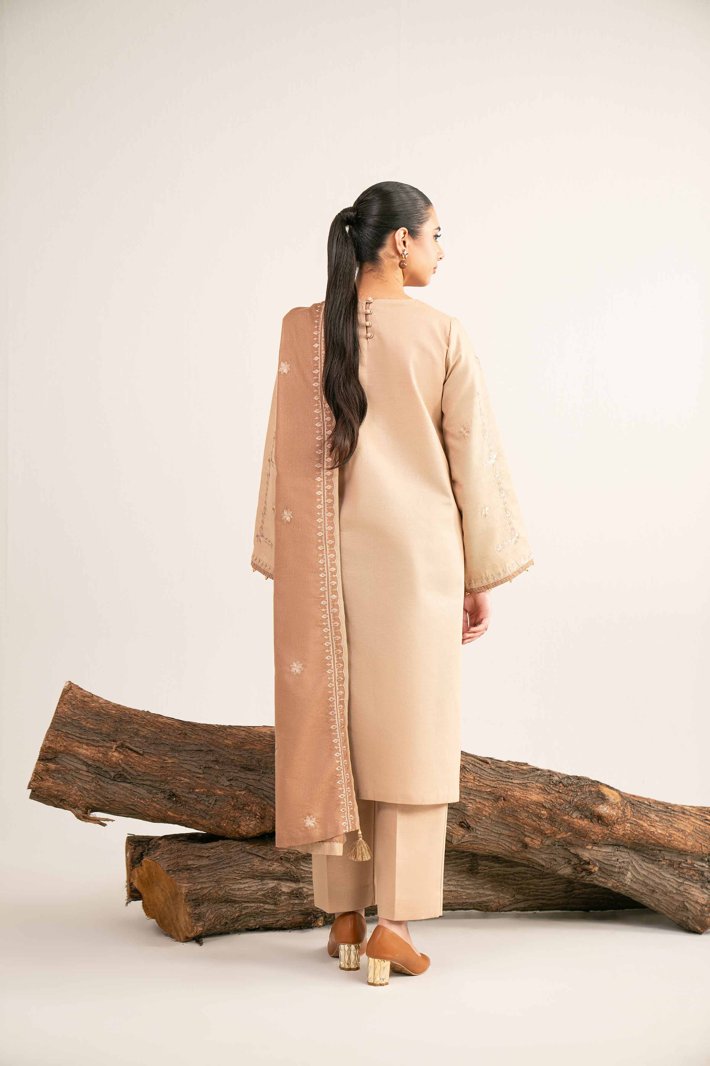 NishatUAE - Brown & Beige Embroidered Khaddar 3-piece Unstitched Suit