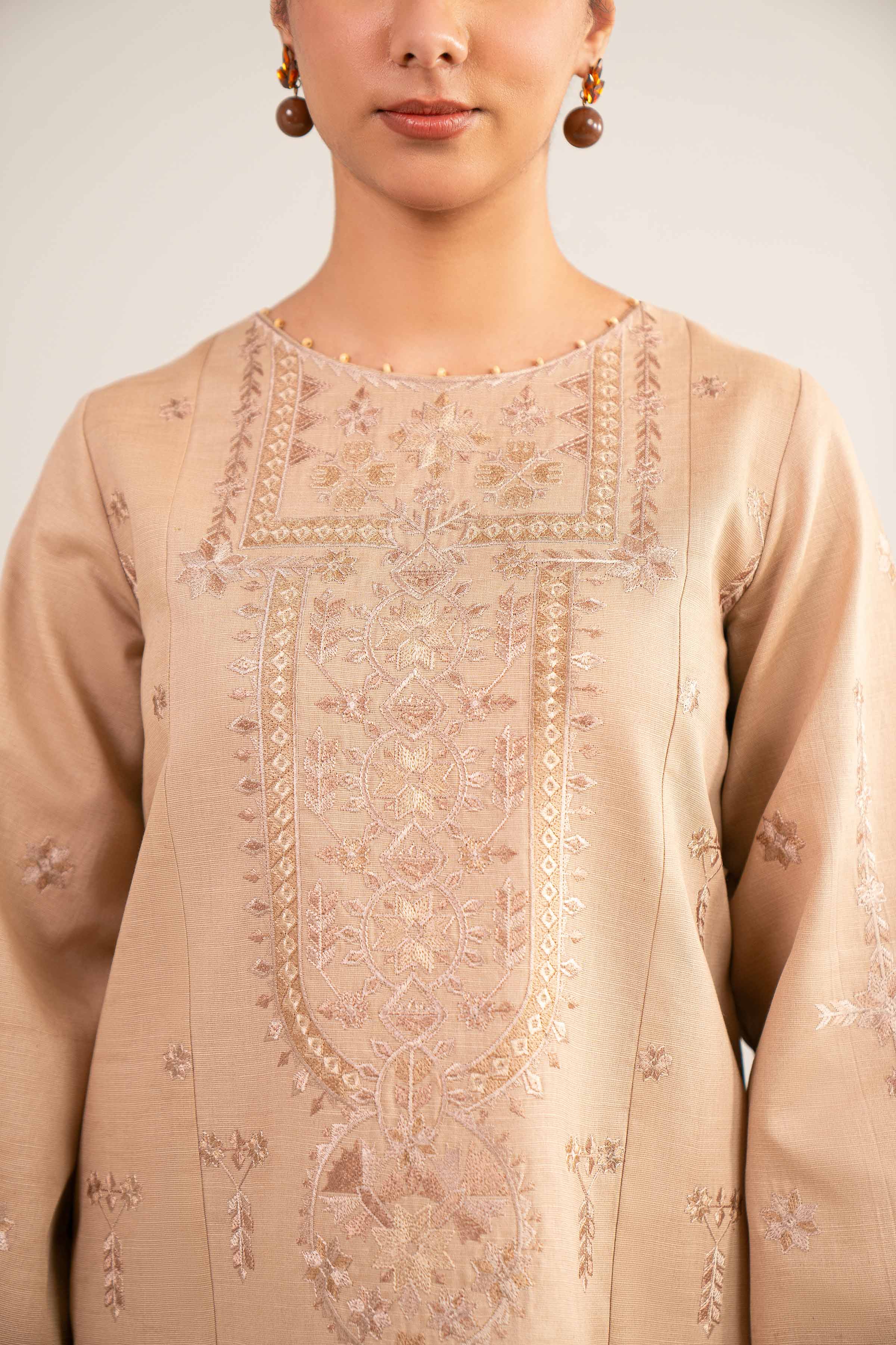 NishatUAE - Brown & Beige Embroidered Khaddar 3-piece Unstitched Suit