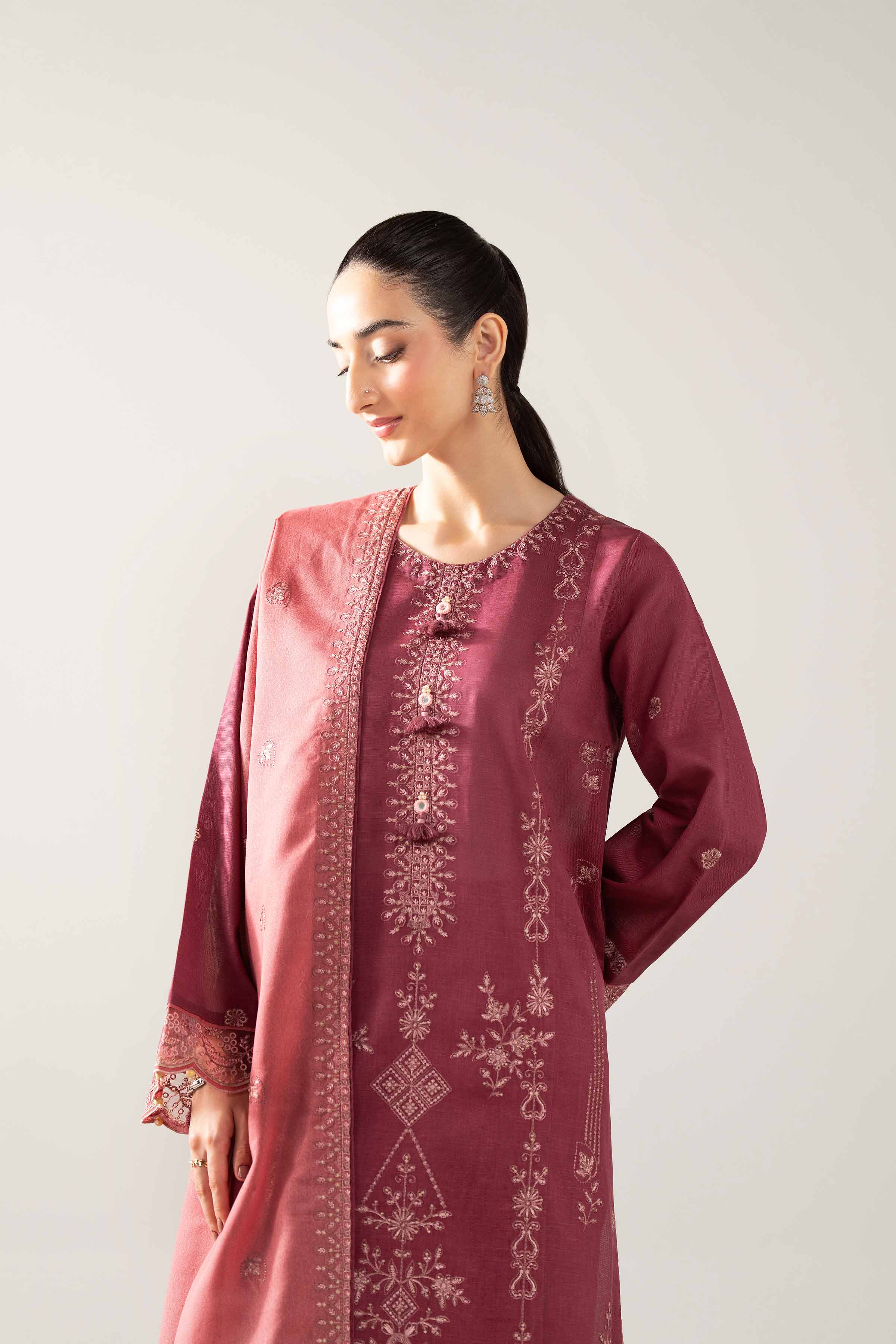 NishatUAE - Maroon Embroidered Khaddar 3-piece Unstitched Suit