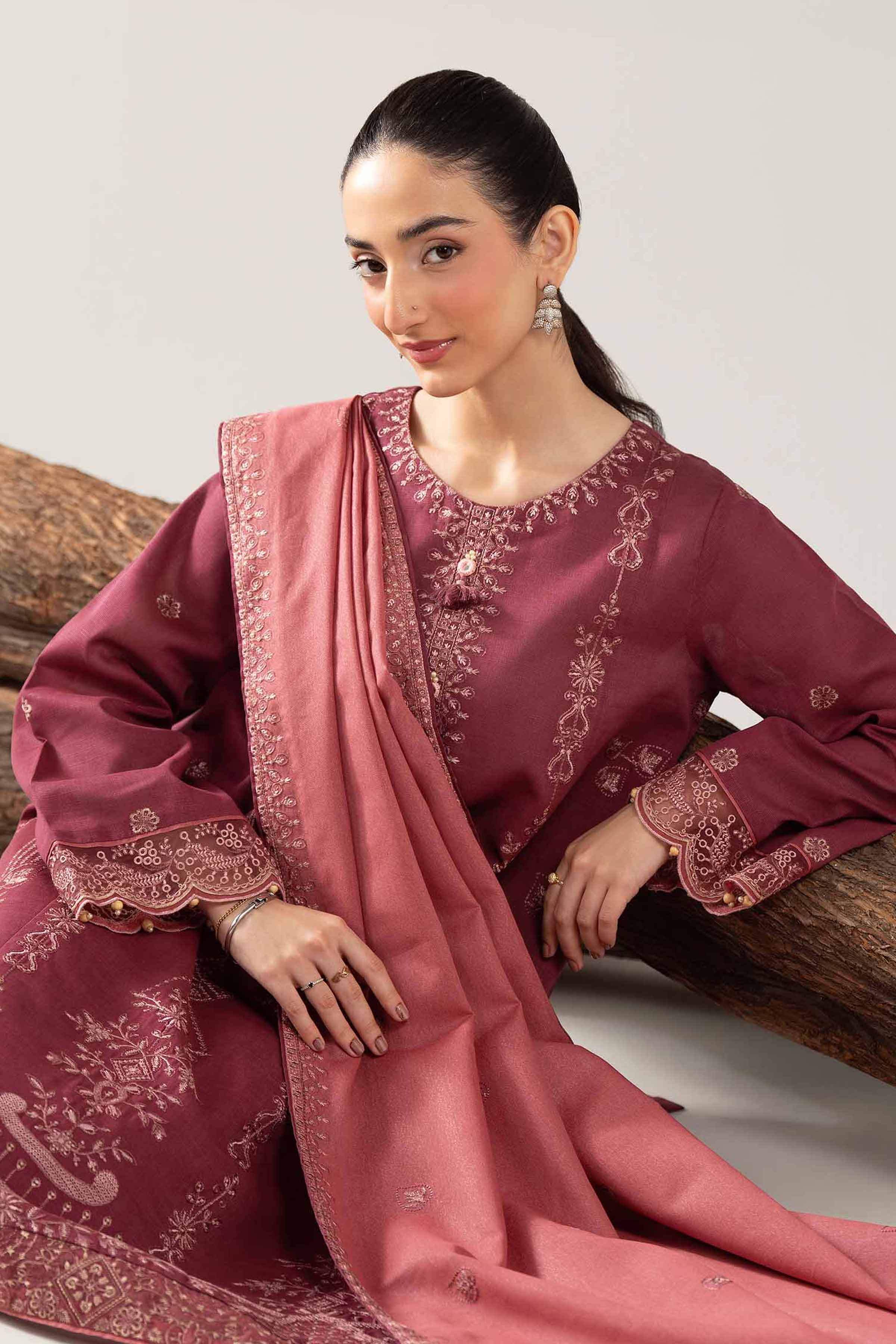 NishatUAE - Maroon Embroidered Khaddar 3-piece Unstitched Suit