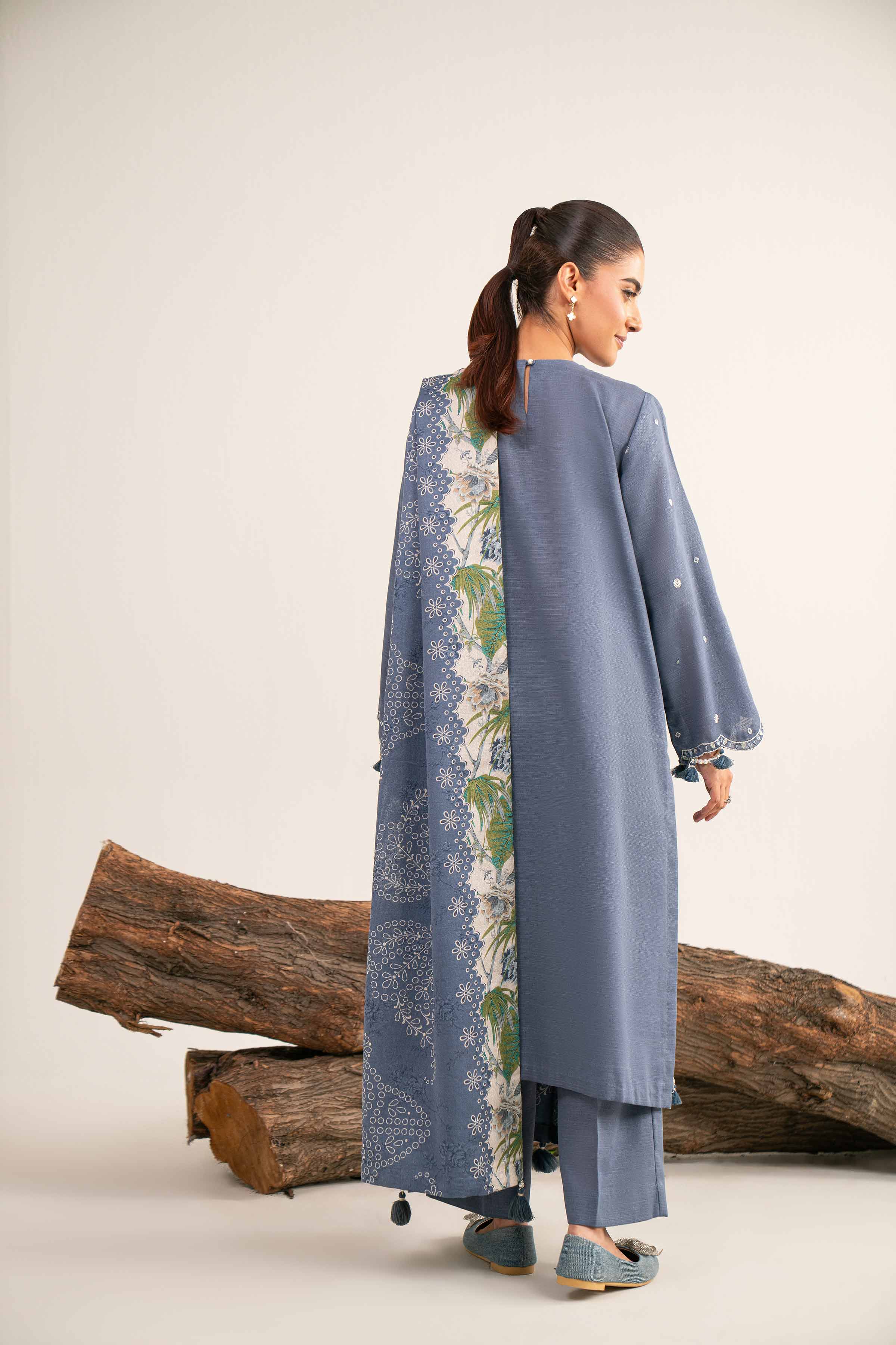 NishatUAE - Blue & Off White Embroidered Khaddar 3-piece Unstitched Suit