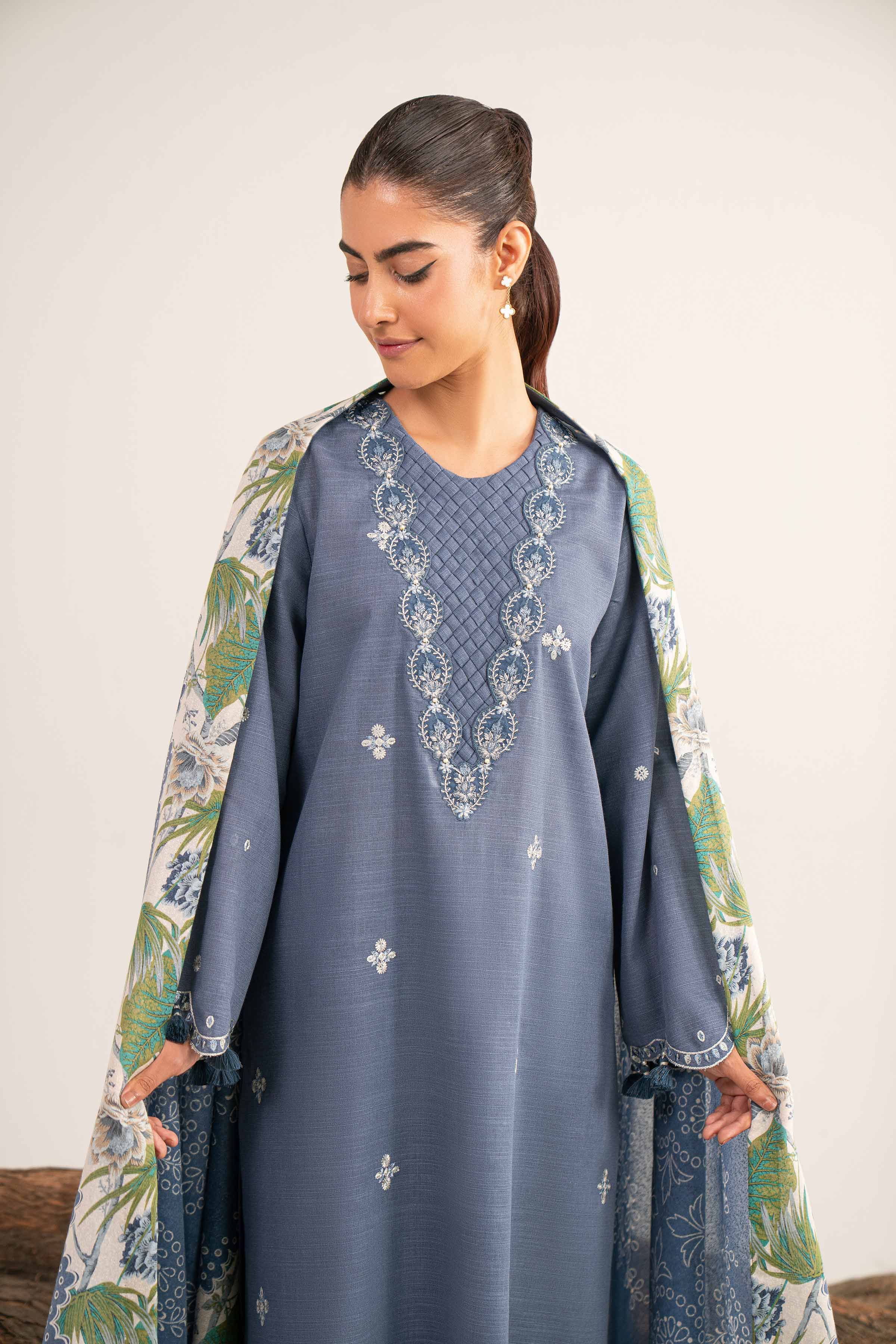 NishatUAE - Blue & Off White Embroidered Khaddar 3-piece Unstitched Suit