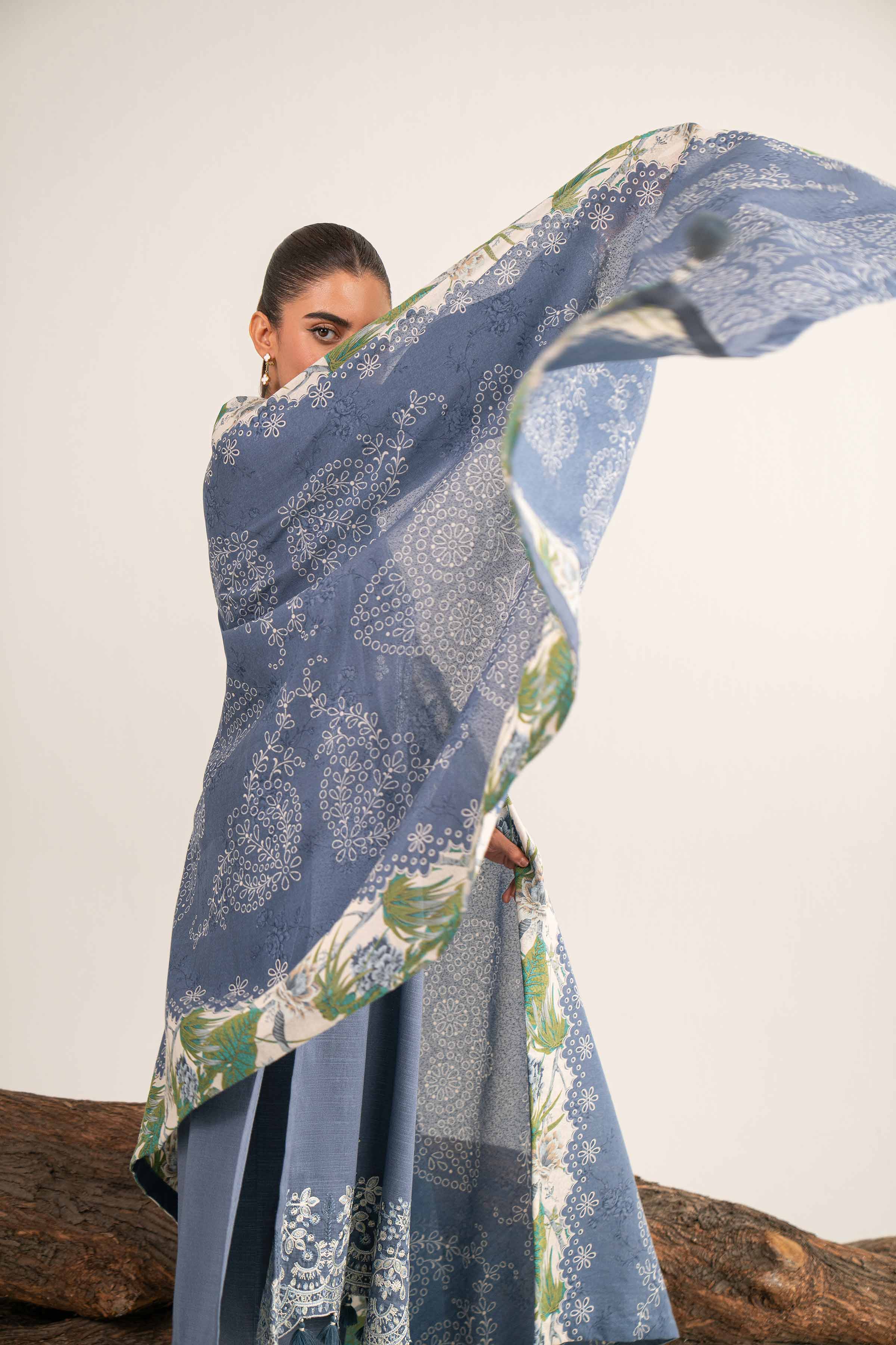 NishatUAE - Blue & Off White Embroidered Khaddar 3-piece Unstitched Suit