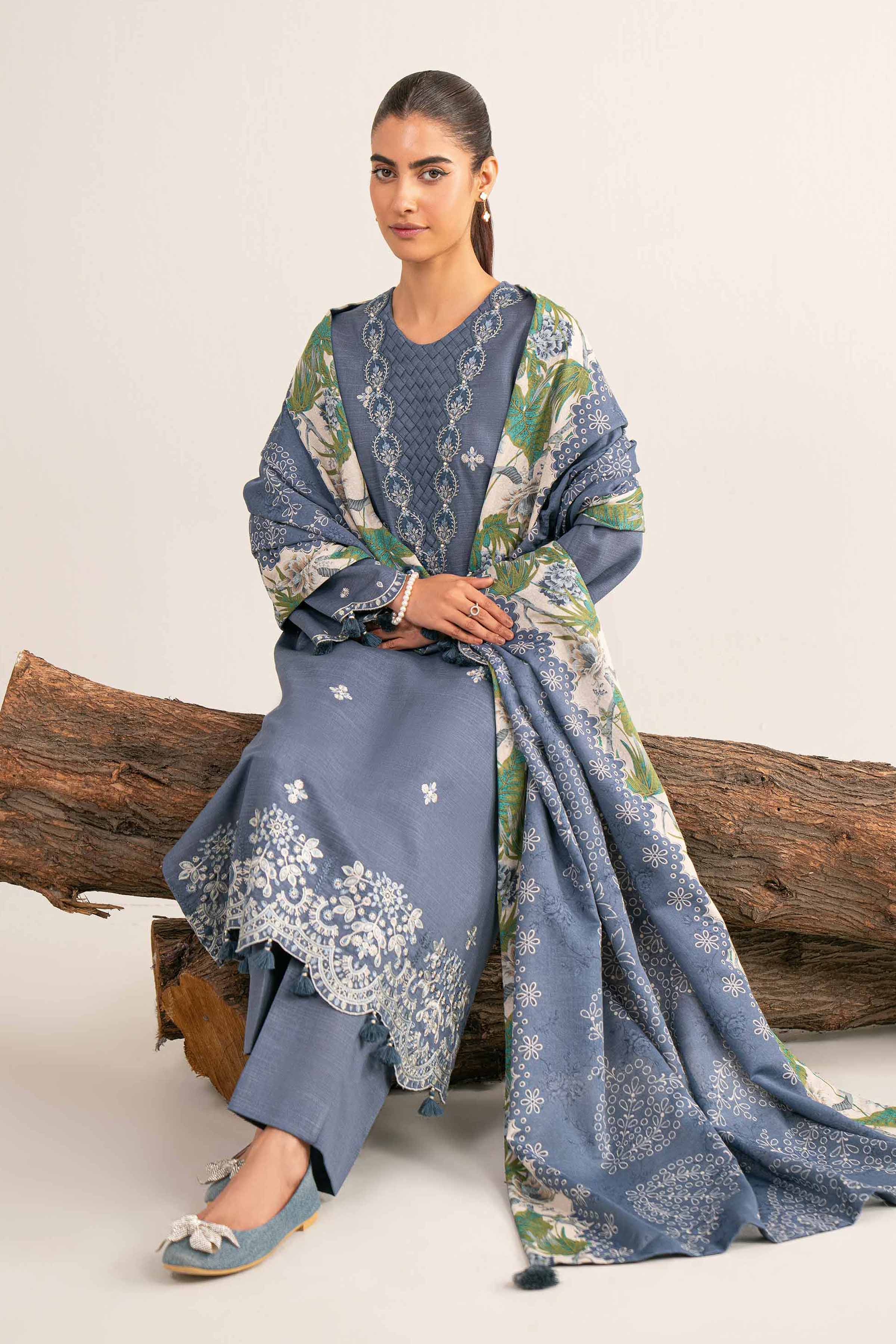 NishatUAE - Blue & Off White Embroidered Khaddar 3-piece Unstitched Suit