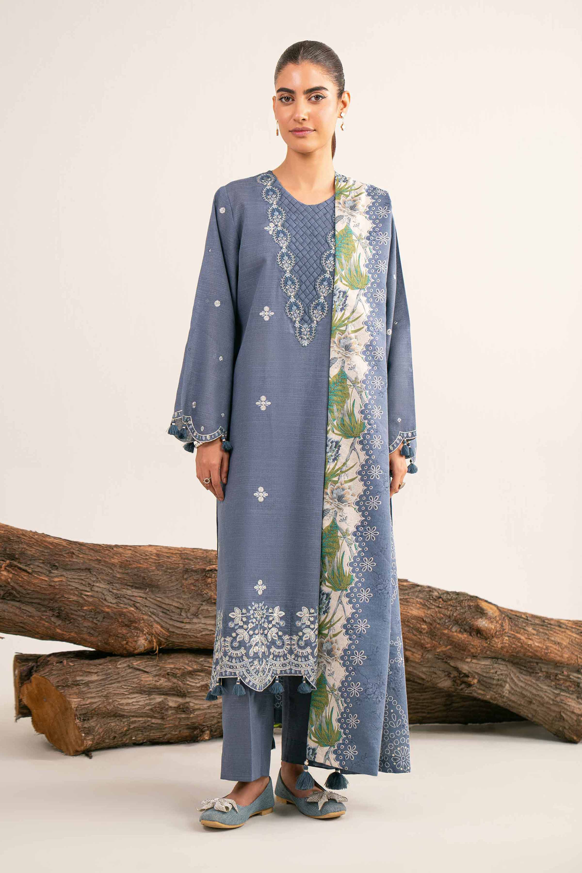 NishatUAE - Blue & Off White Embroidered Khaddar 3-piece Unstitched Suit