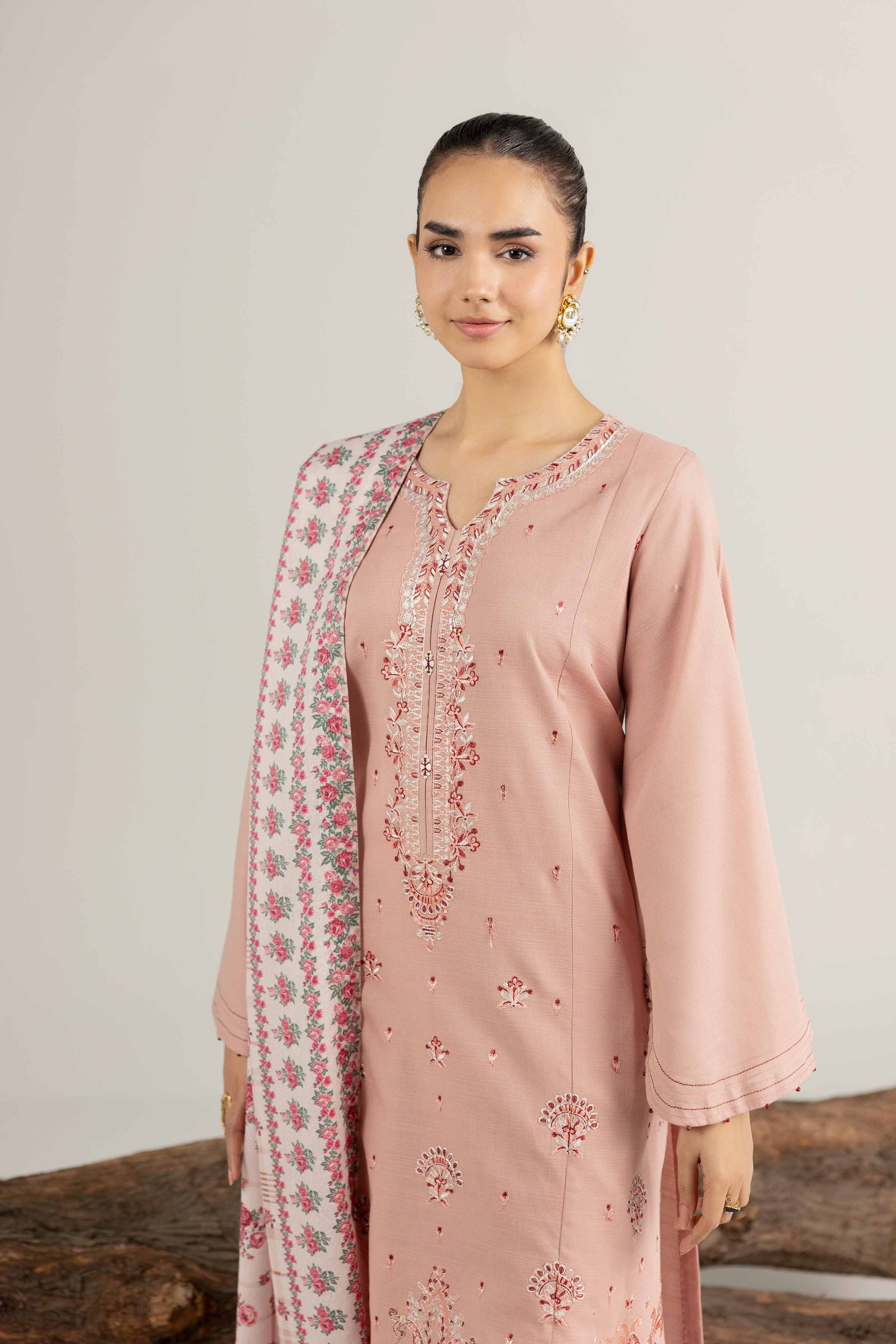 NishatUAE - Pink & Tea Pink Embroidered Khaddar 3-piece Unstitched Suit