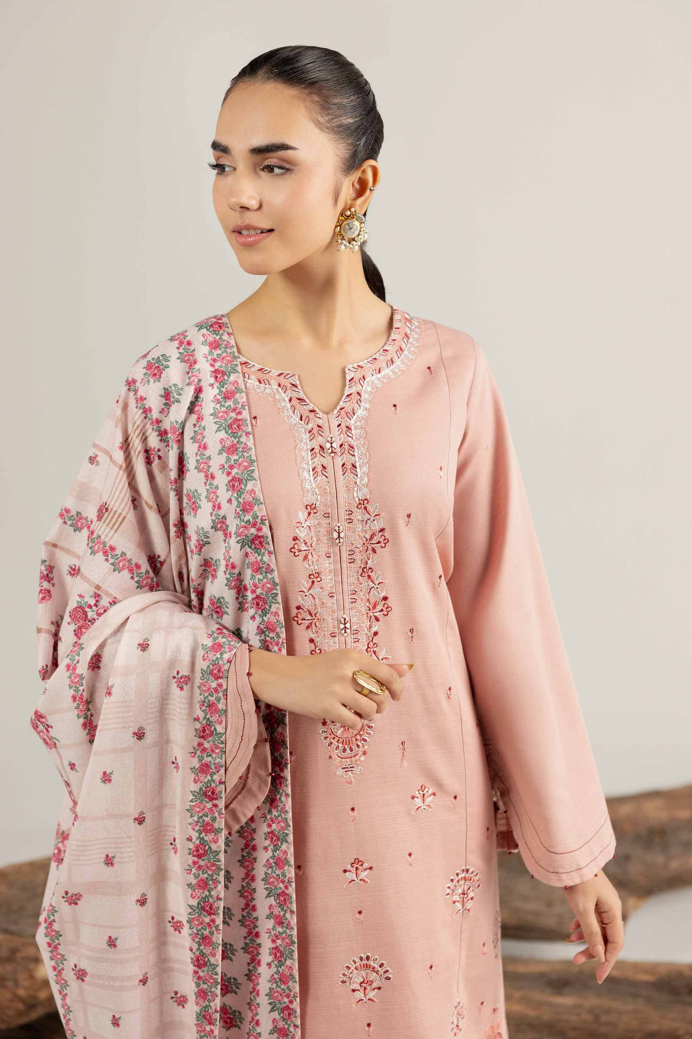 NishatUAE - Pink & Tea Pink Embroidered Khaddar 3-piece Unstitched Suit