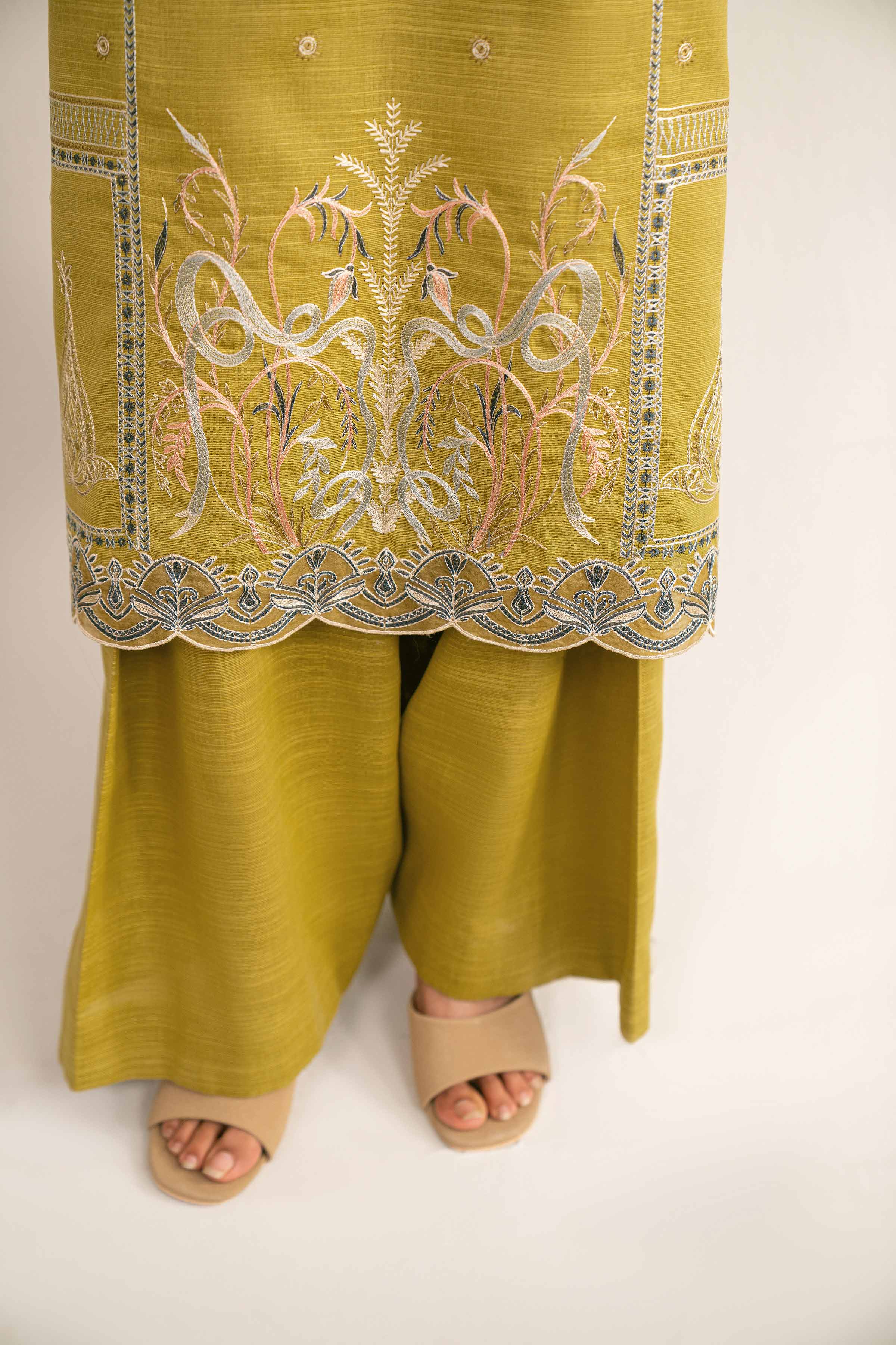 NishatUAE - Olive Yellow & Off White Embroidered Khaddar 3-piece Unstitched Suit