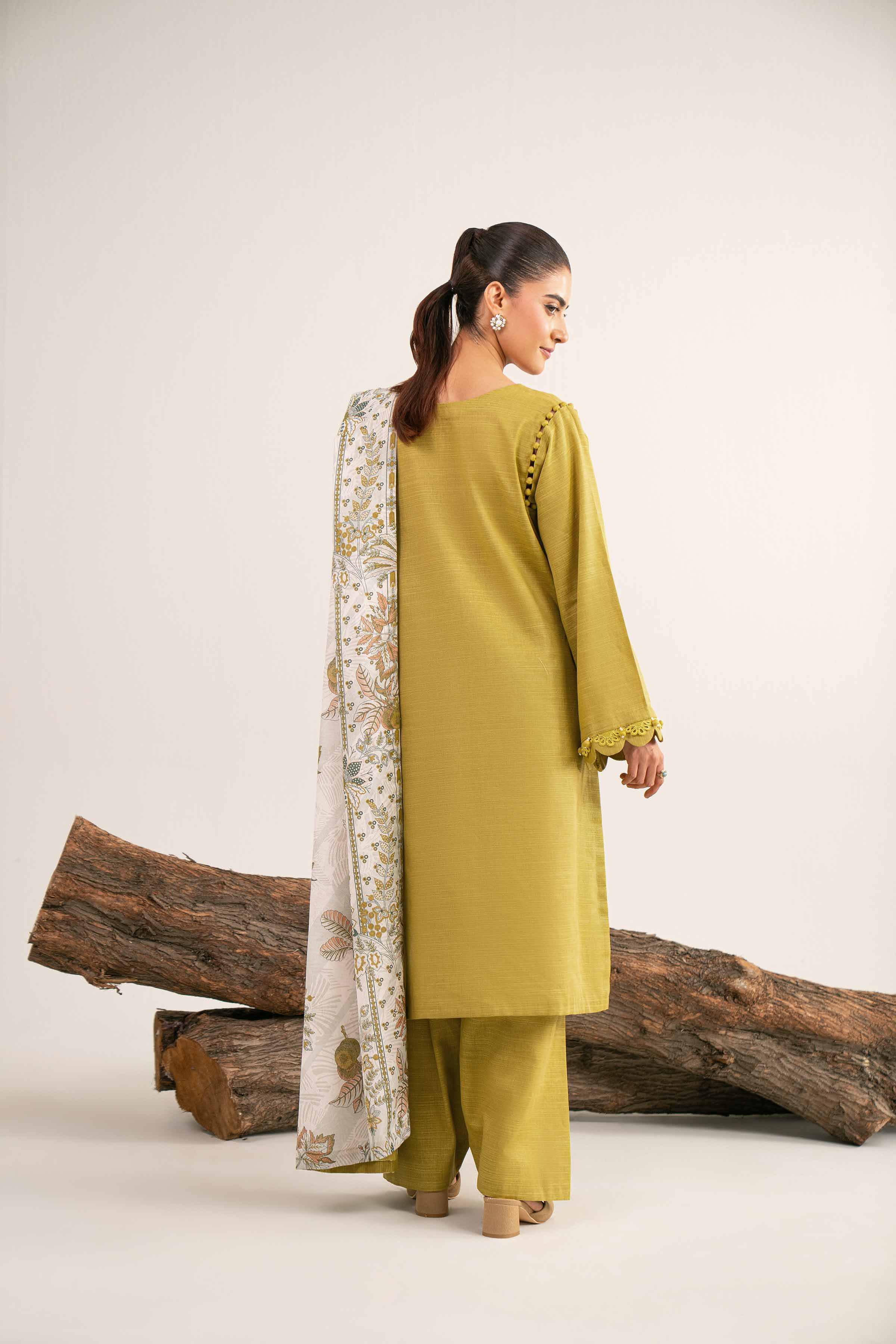 NishatUAE - Olive Yellow & Off White Embroidered Khaddar 3-piece Unstitched Suit