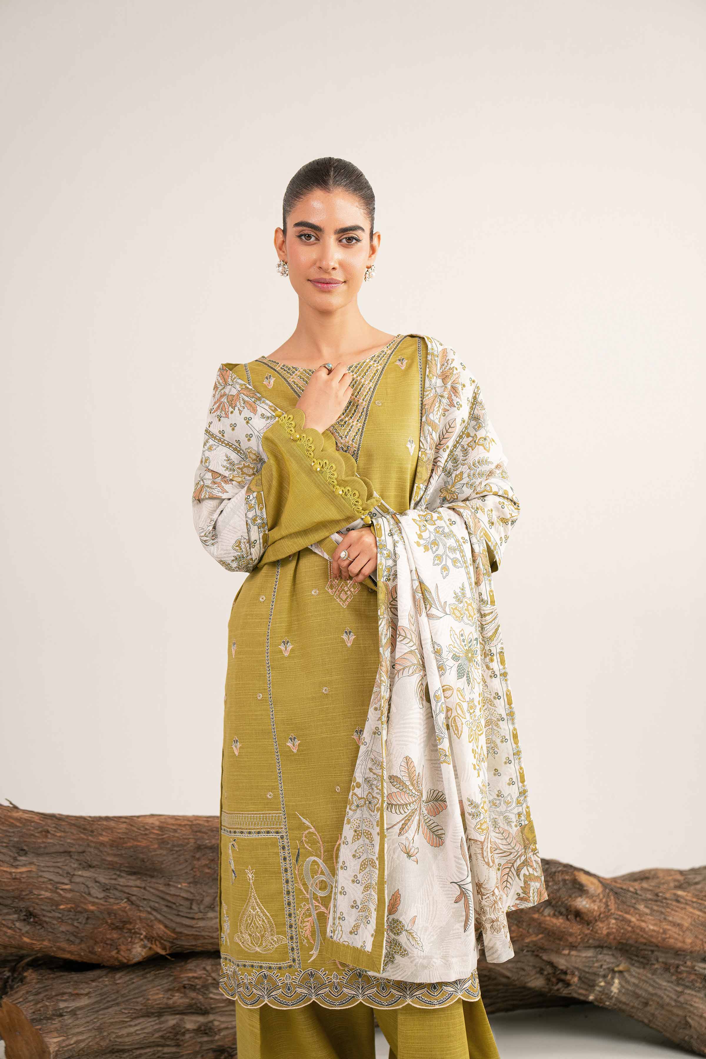NishatUAE - Olive Yellow & Off White Embroidered Khaddar 3-piece Unstitched Suit
