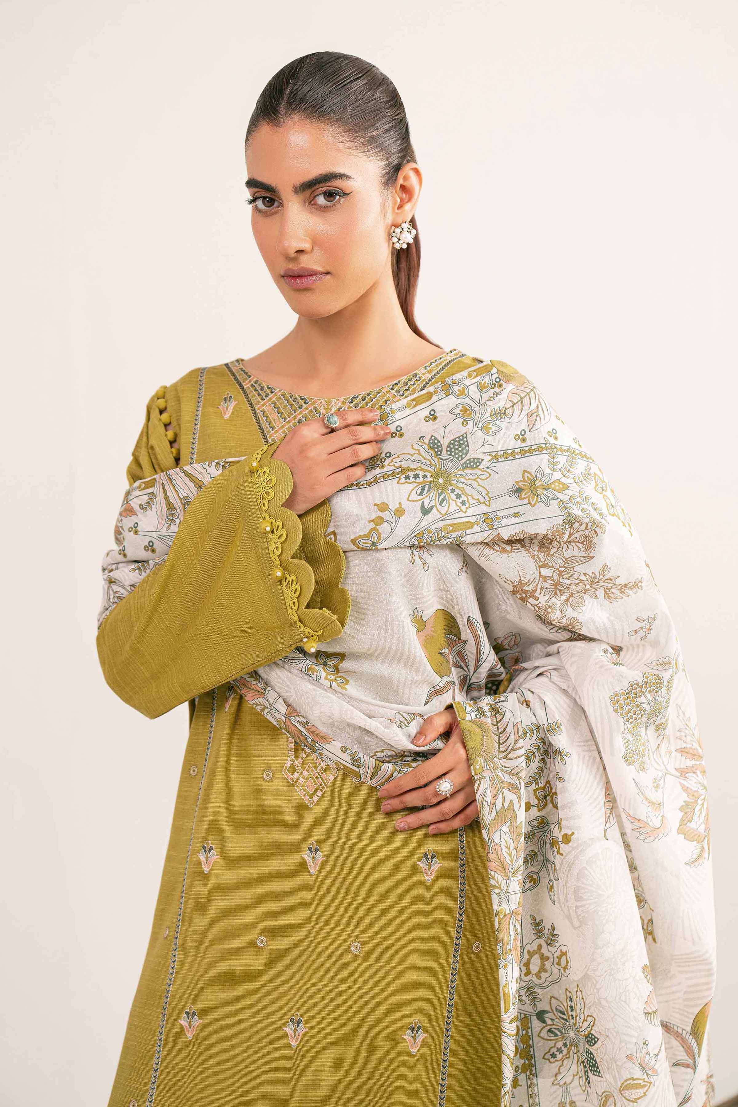 NishatUAE - Olive Yellow & Off White Embroidered Khaddar 3-piece Unstitched Suit