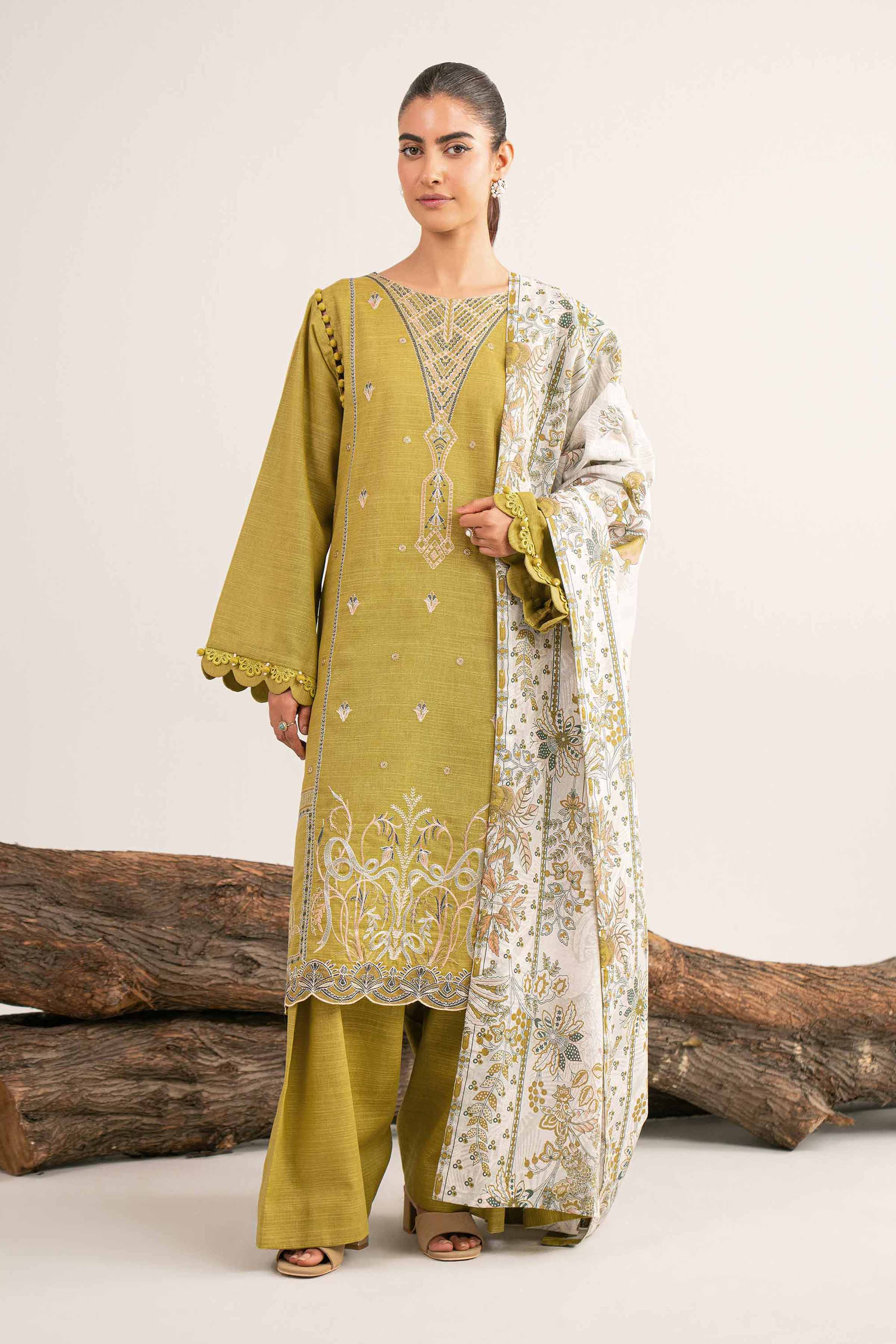 NishatUAE - Olive Yellow & Off White Embroidered Khaddar 3-piece Unstitched Suit