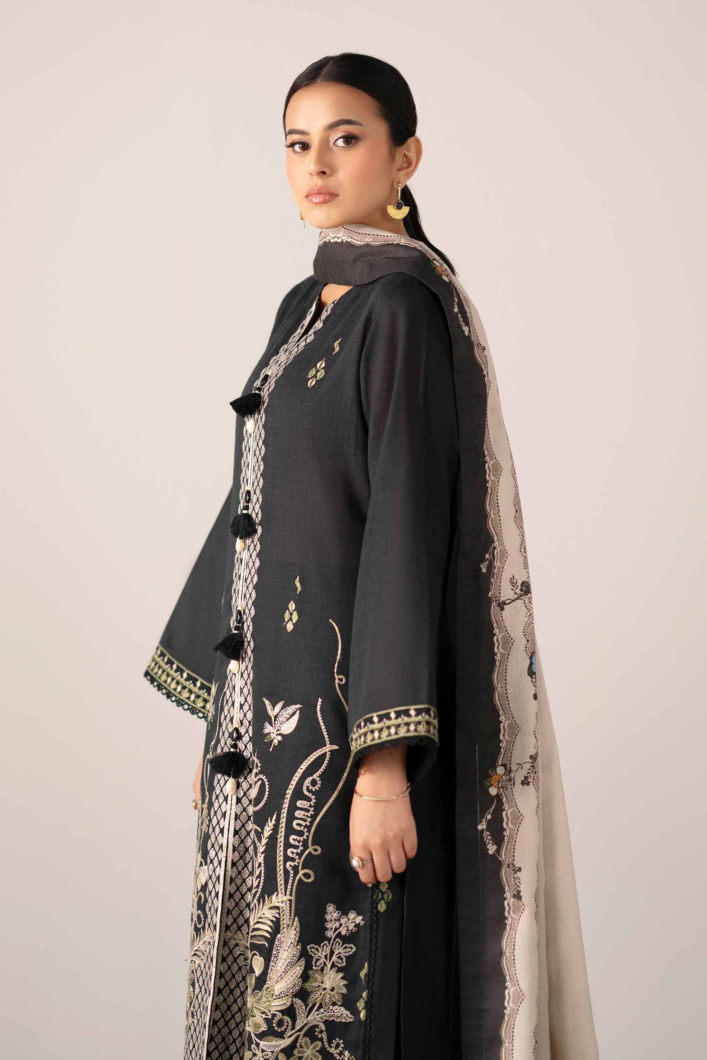 NishatUAE - Black & Off White Embroidered Khaddar 3-piece Unstitched Suit