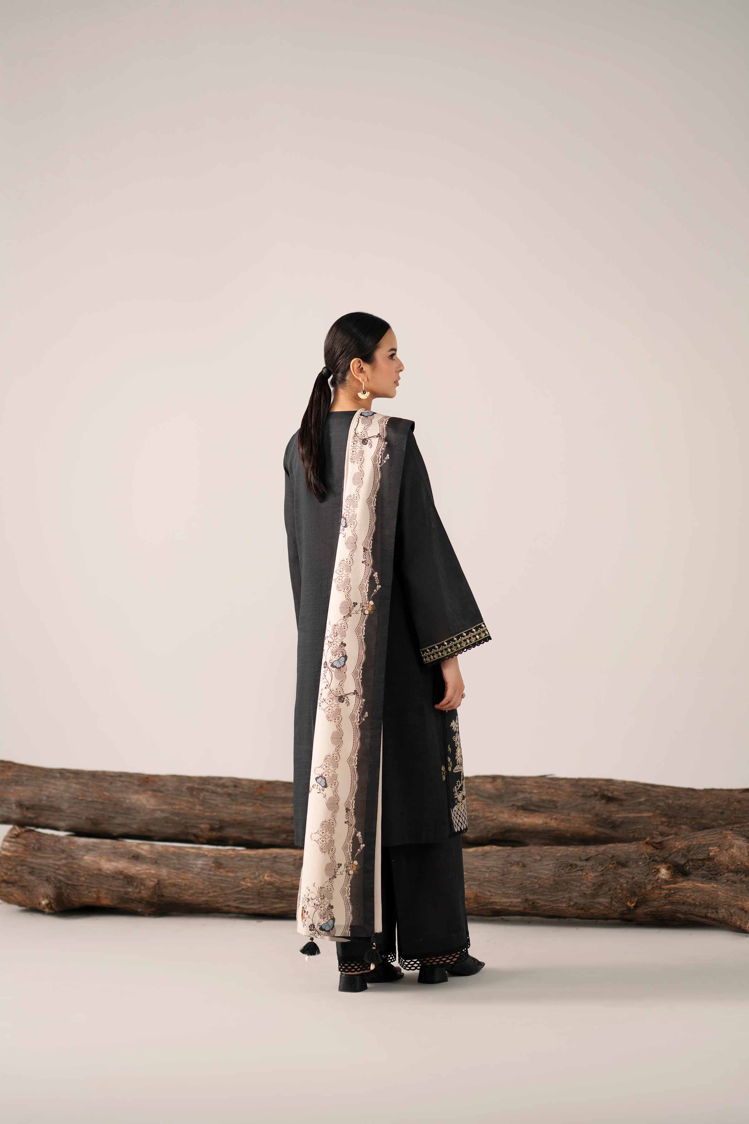 NishatUAE - Black & Off White Embroidered Khaddar 3-piece Unstitched Suit