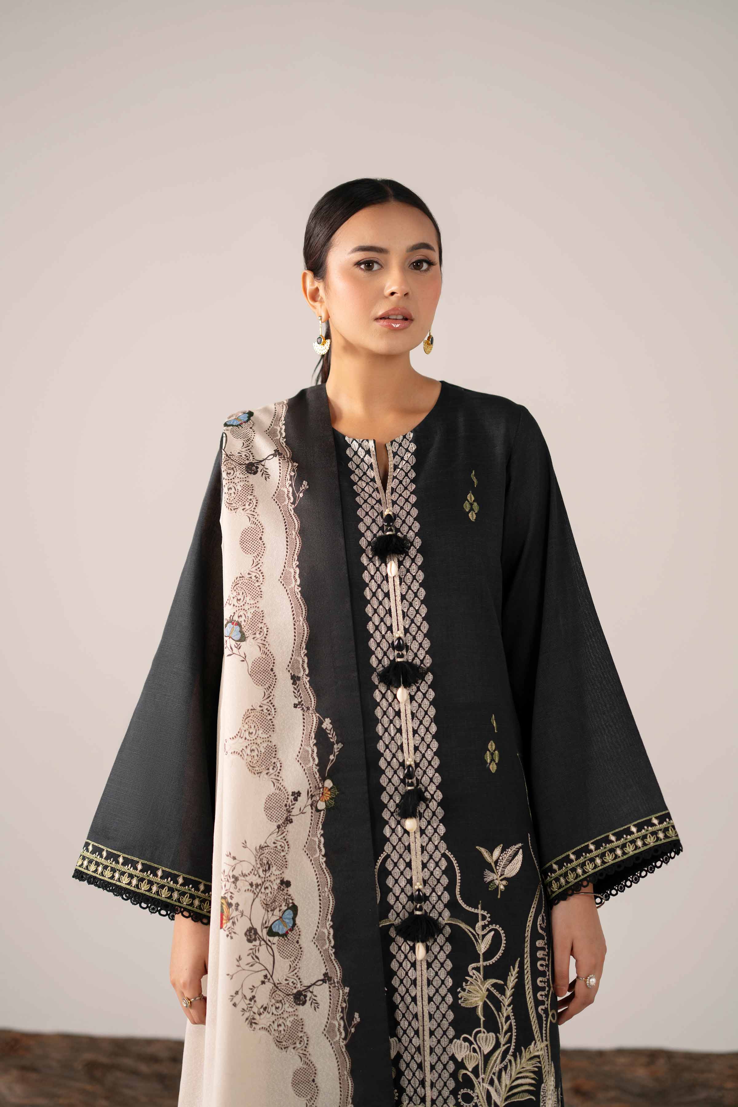 NishatUAE - Black & Off White Embroidered Khaddar 3-piece Unstitched Suit
