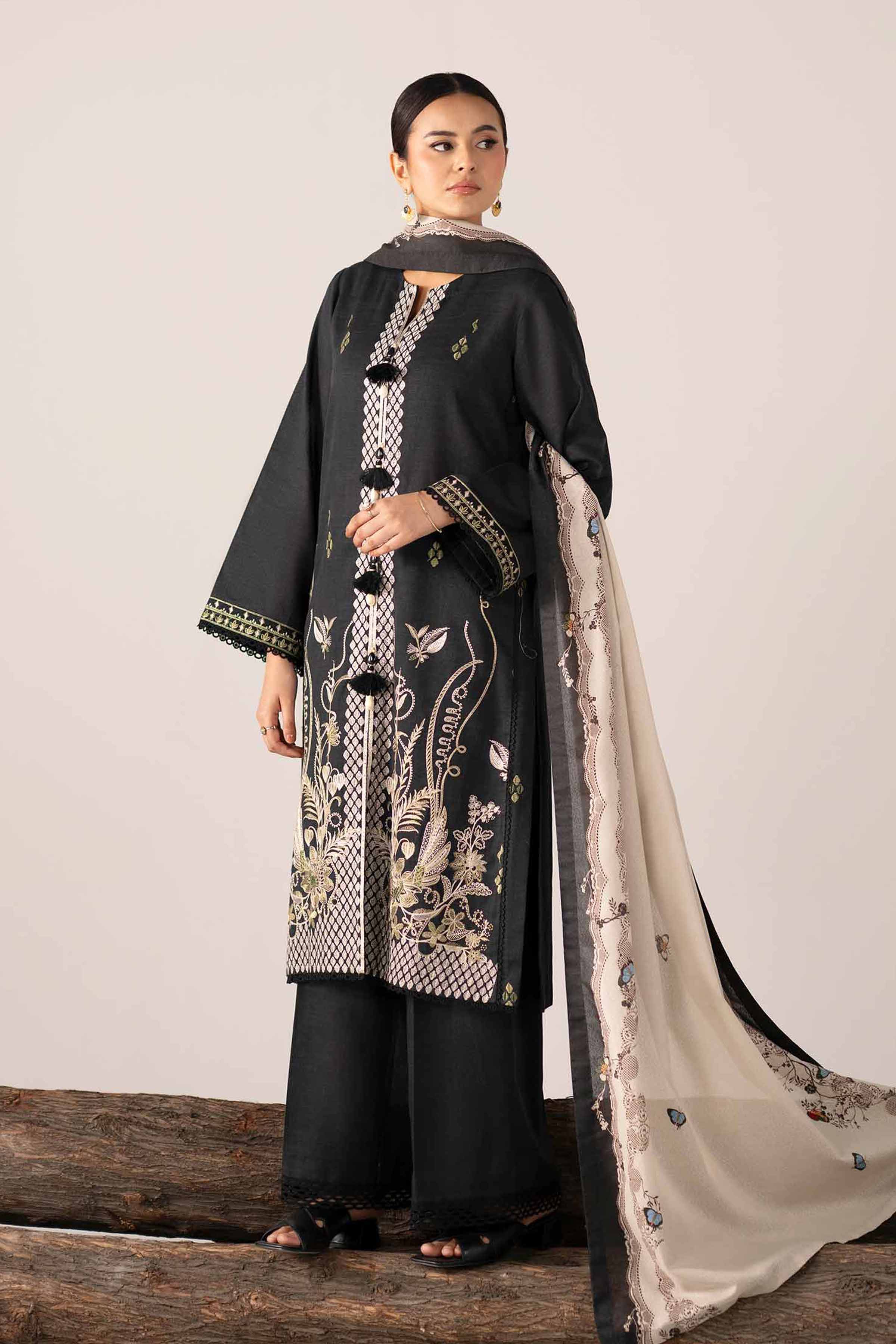 NishatUAE - Black & Off White Embroidered Khaddar 3-piece Unstitched Suit
