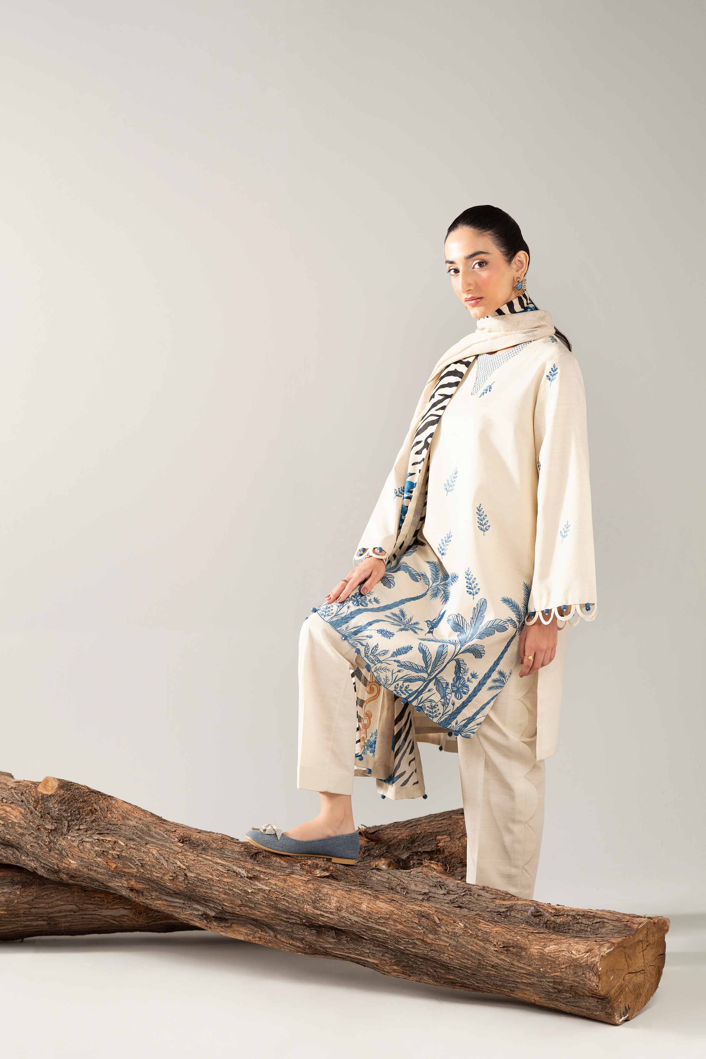NishatUAE - Beige Embroidered Khaddar 3-piece Unstitched Suit