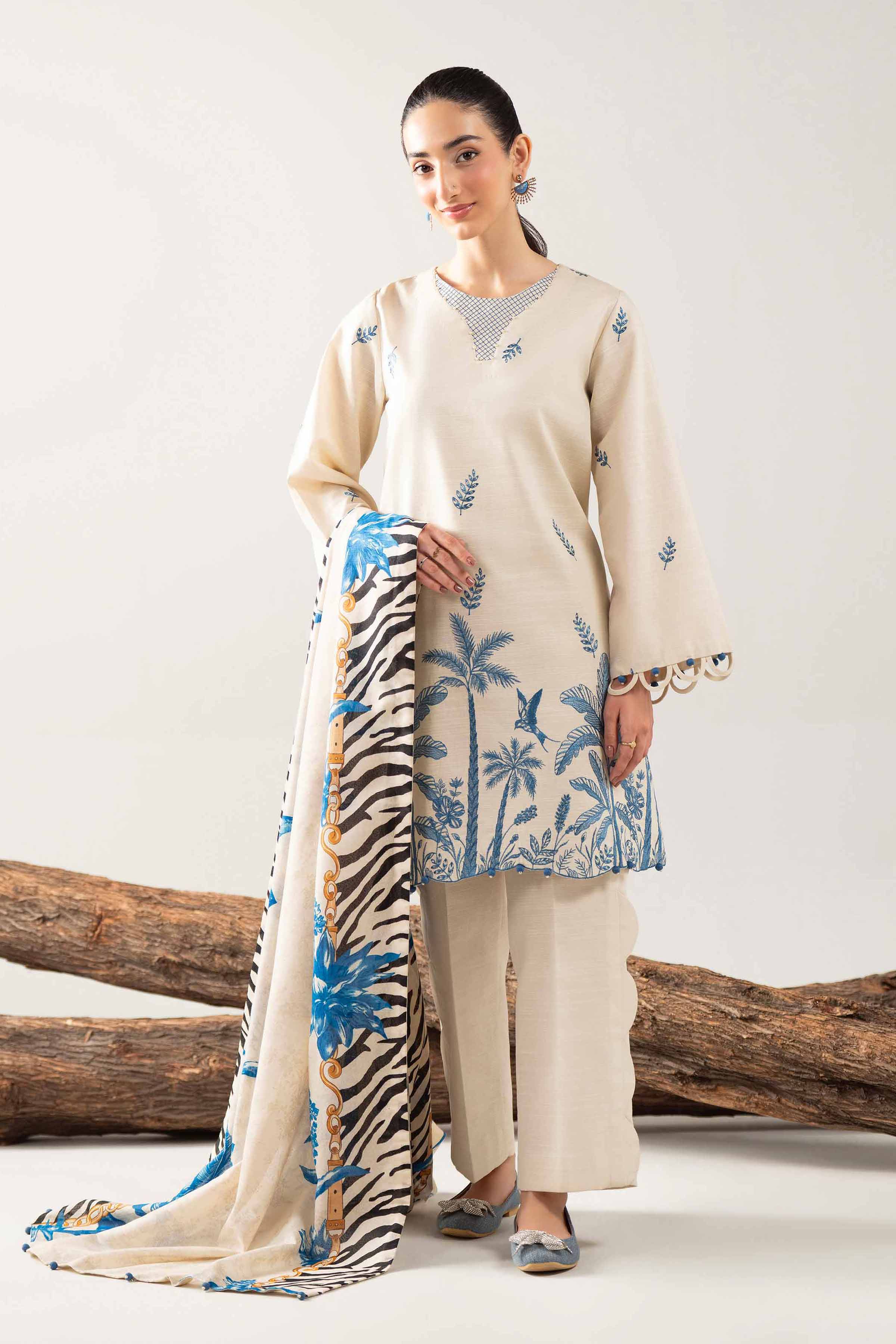 NishatUAE - Beige Embroidered Khaddar 3-piece Unstitched Suit
