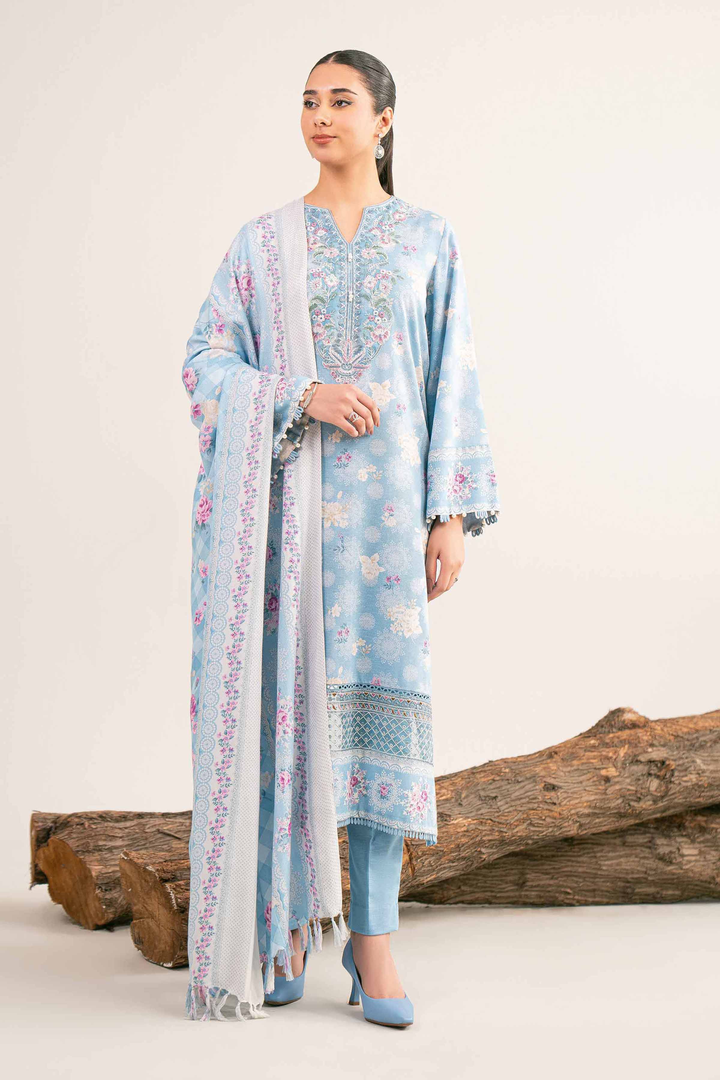 NishatUAE - Blue Embroidered Karandi 3-piece Unstitched Suit