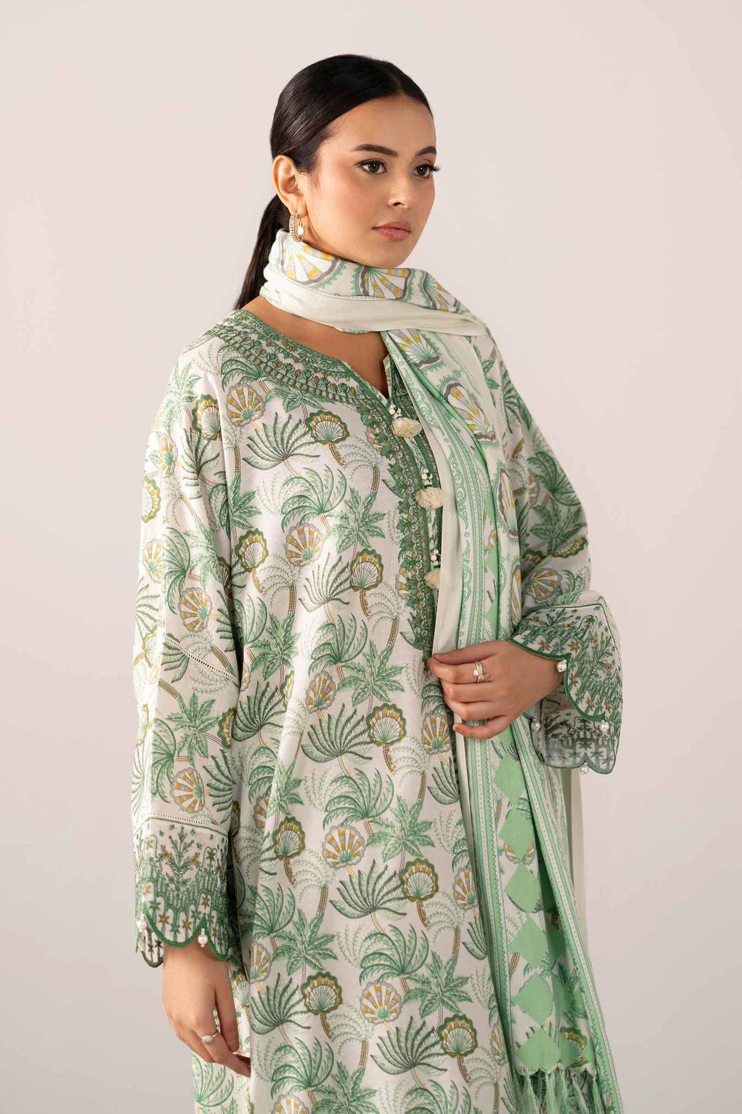 NishatUAE - Green & Off White Embroidered Karandi 3-piece Unstitched Suit
