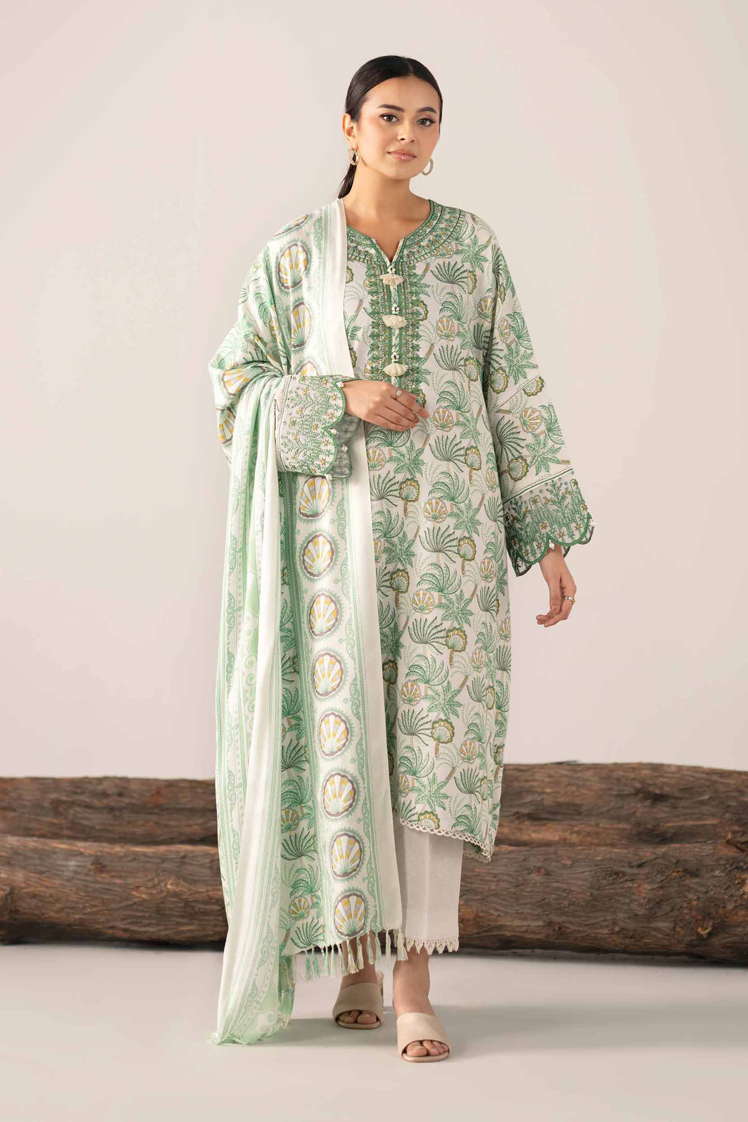 NishatUAE - Green & Off White Embroidered Karandi 3-piece Unstitched Suit