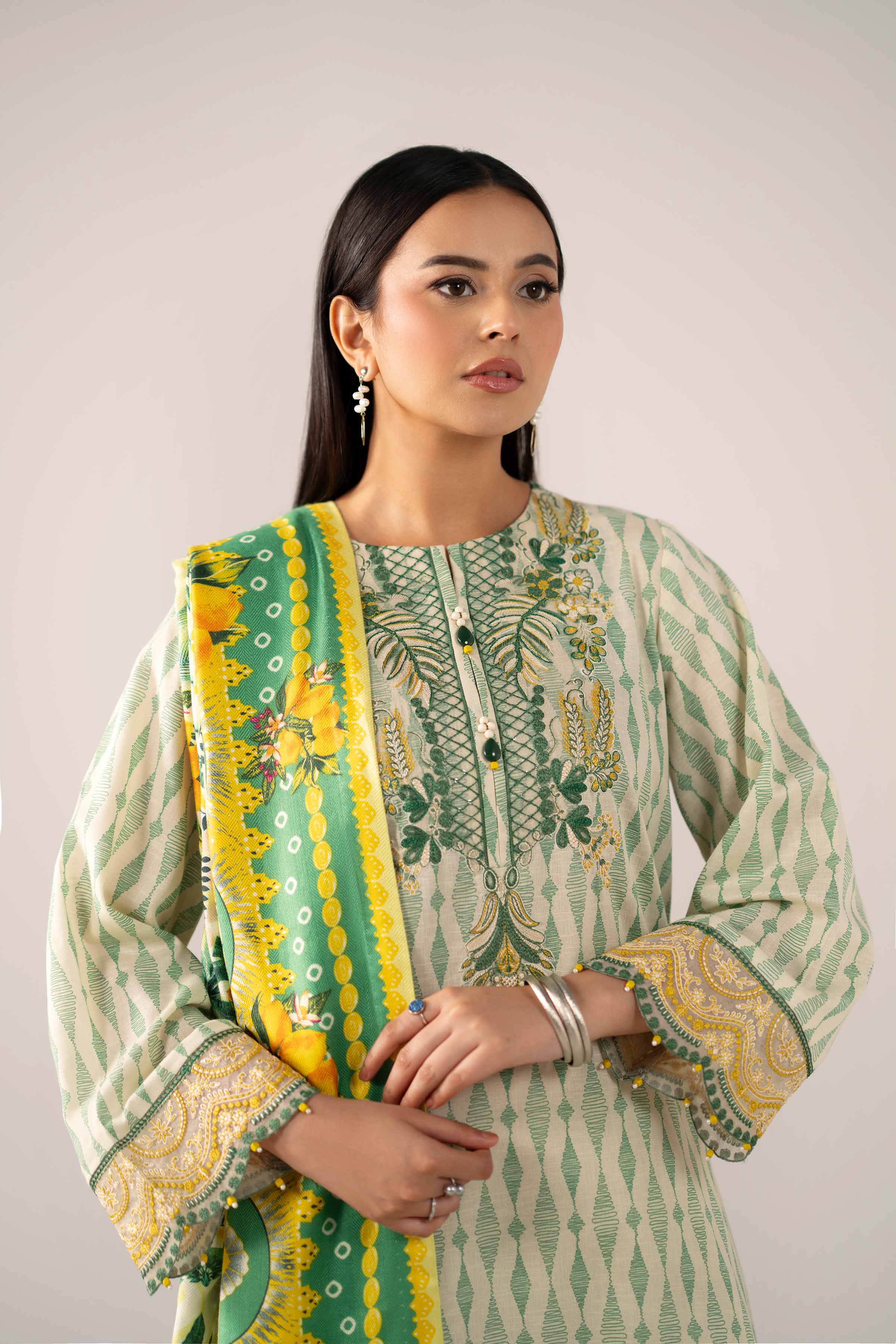 NishatUAE - Green Yellow & Cream Embroidered Karandi 3-piece Unstitched Suit
