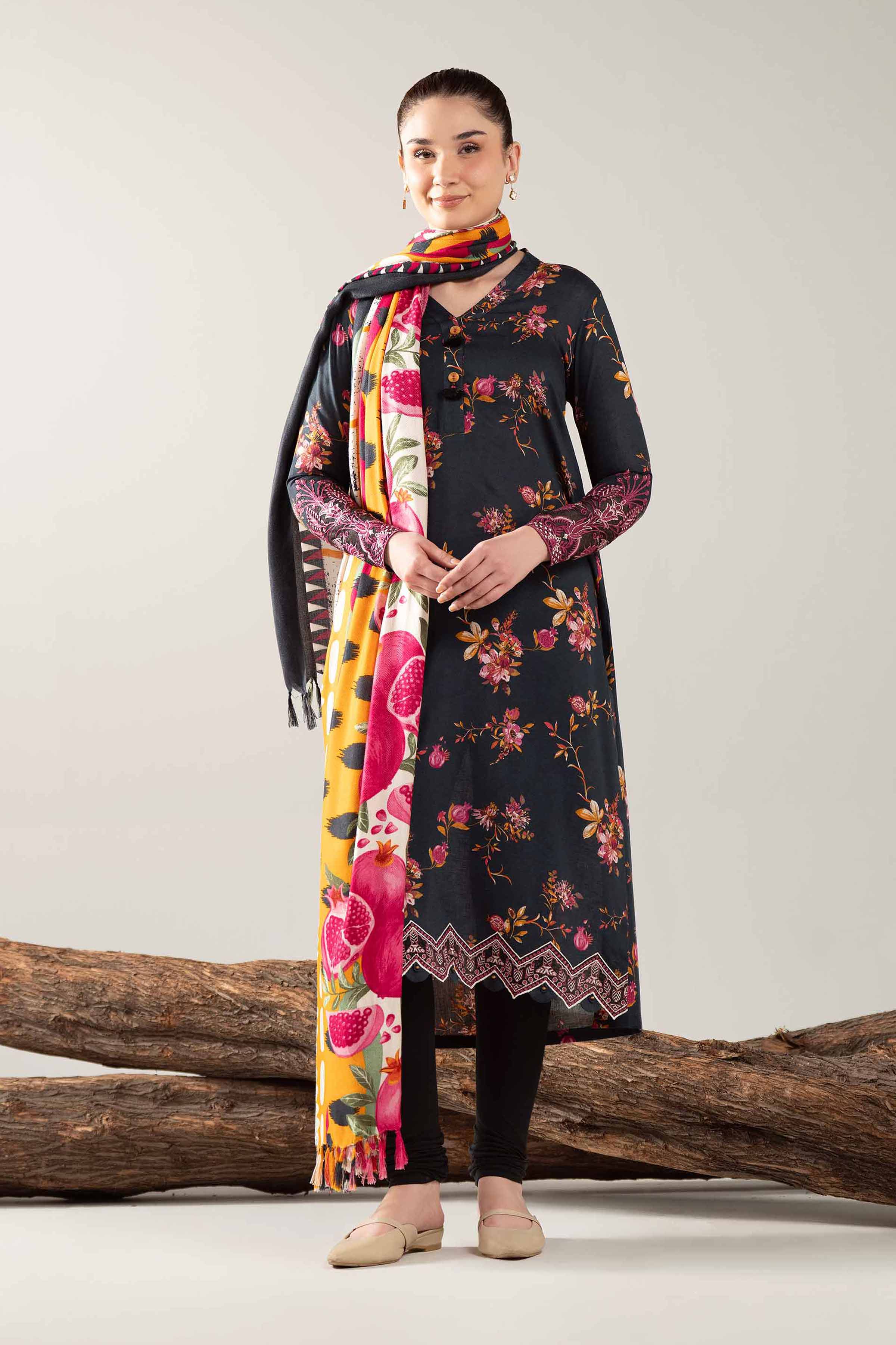 NishatUAE - Black & Off White Embroidered Karandi 3-piece Unstitched Suit