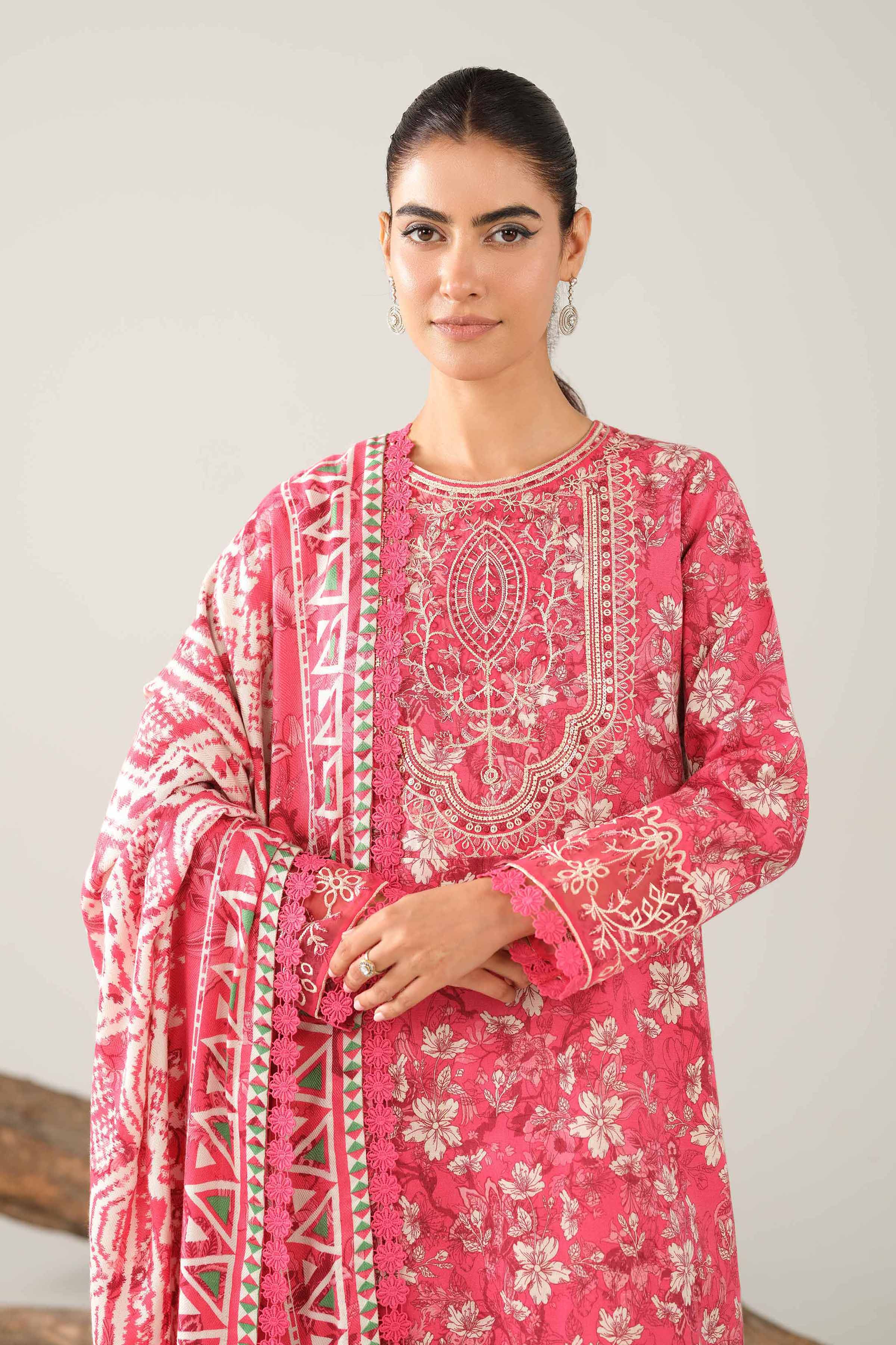 NishatUAE - Pink Embroidered Karandi 3-piece Unstitched Suit