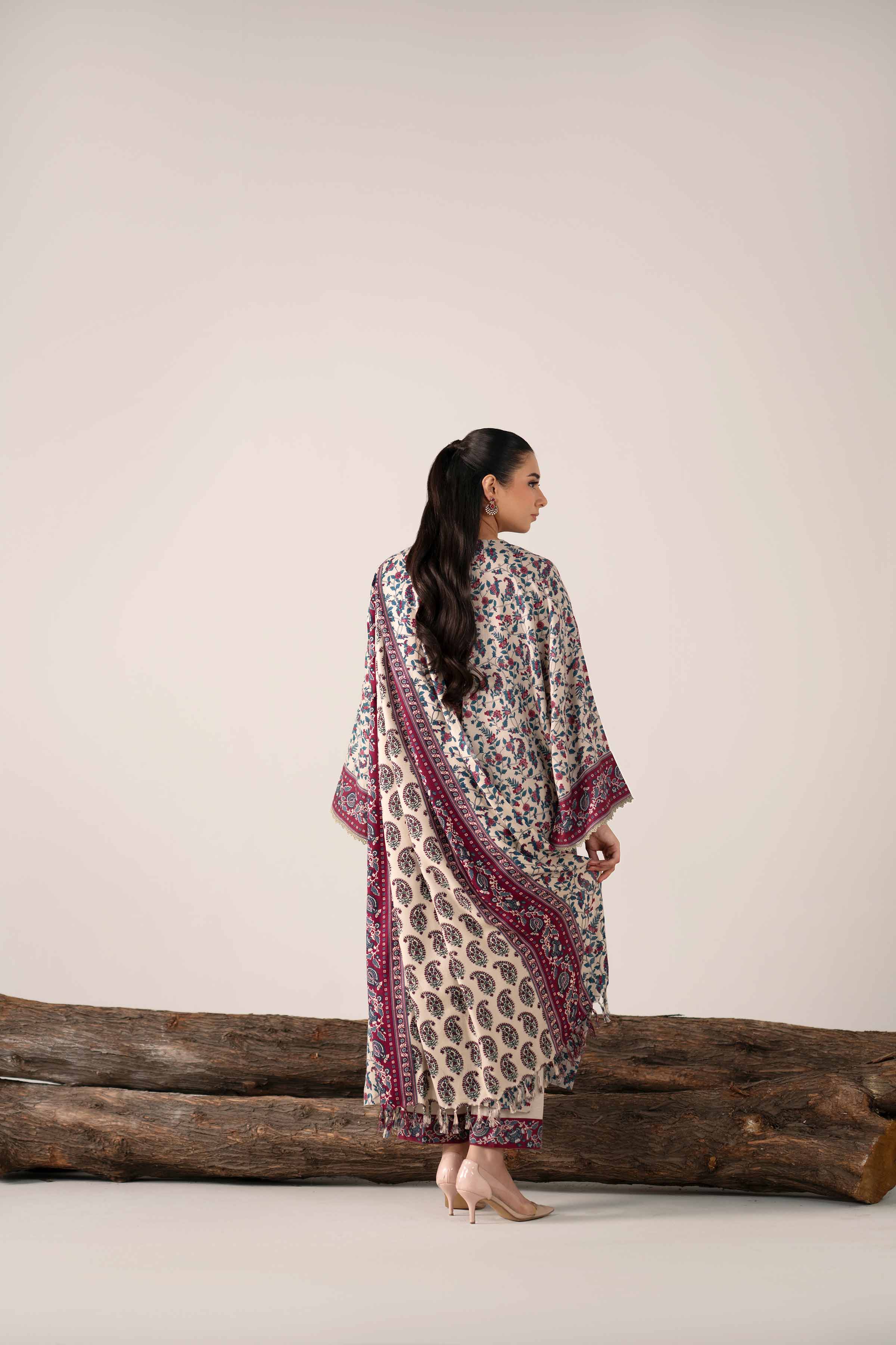 NishatUAE - Burgundy & Baige Embroidered Karandi 3-piece Unstitched Suit