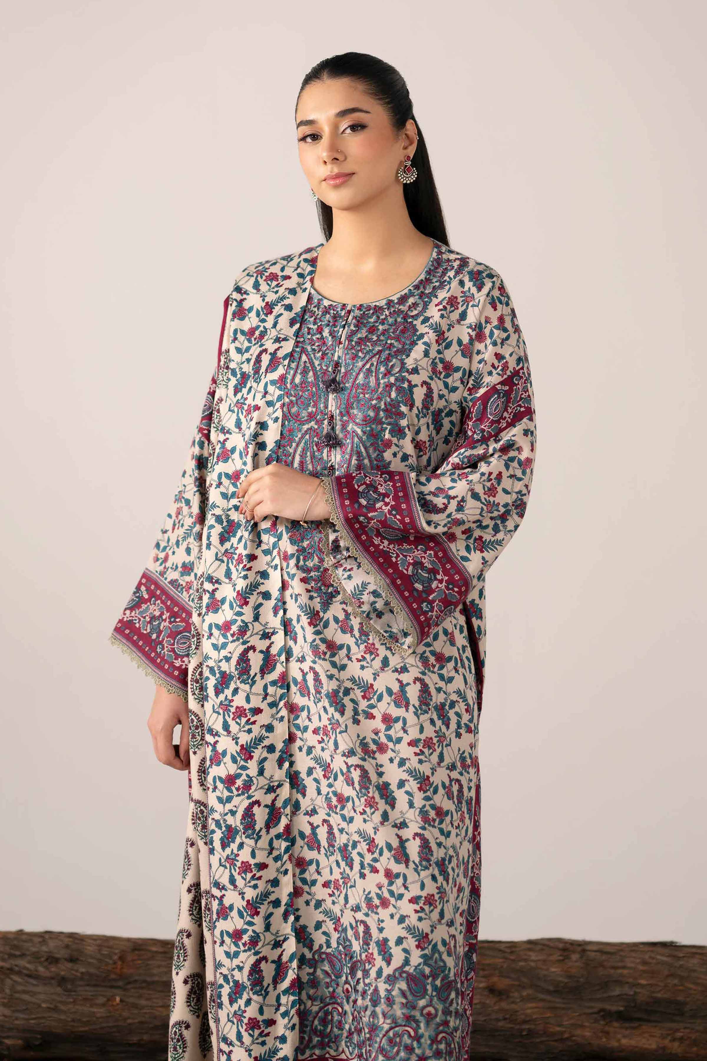 NishatUAE - Burgundy & Baige Embroidered Karandi 3-piece Unstitched Suit