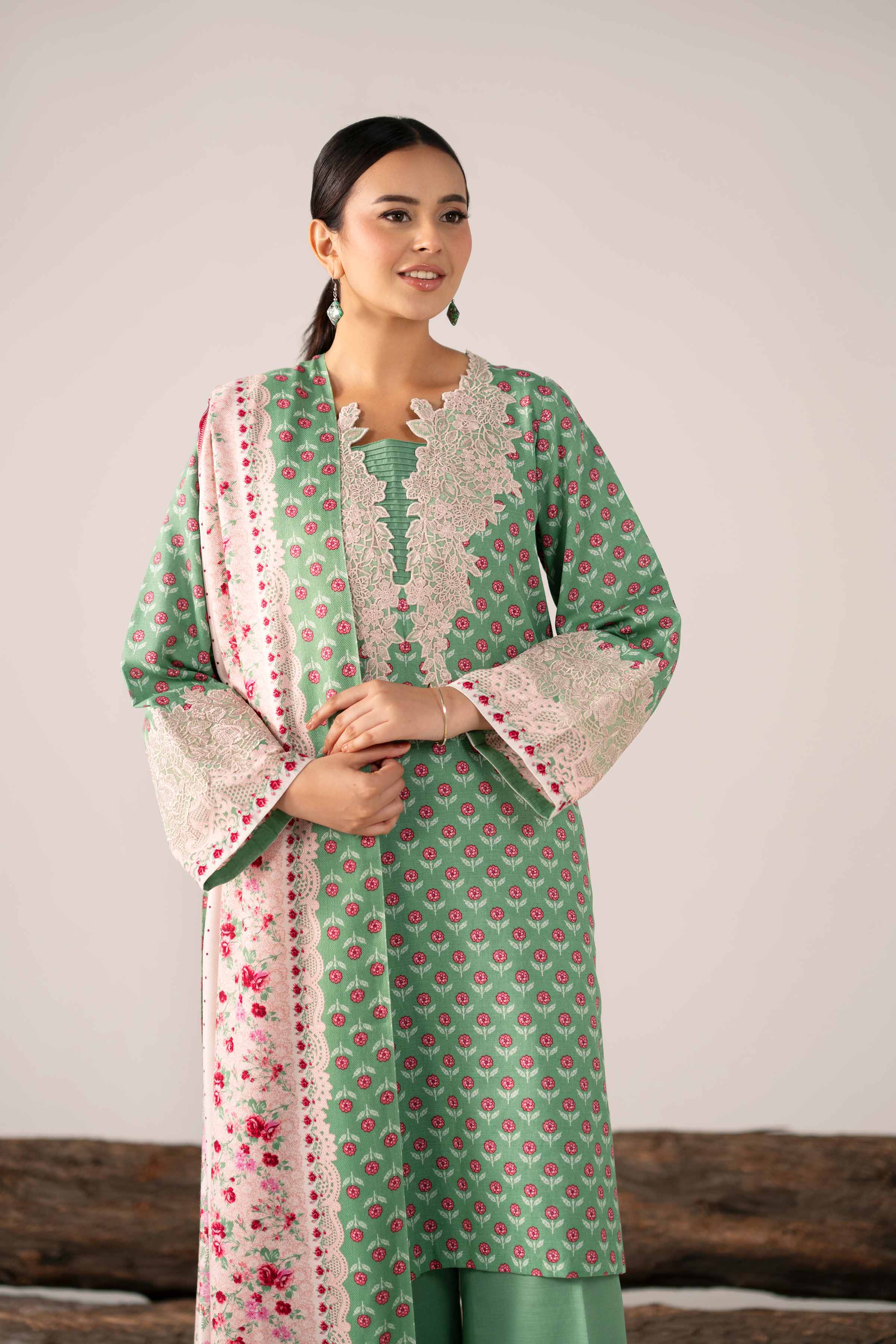 NishatUAE - Green & Pastel Peach Embroidered Khaddar 3-piece Unstitched Suit