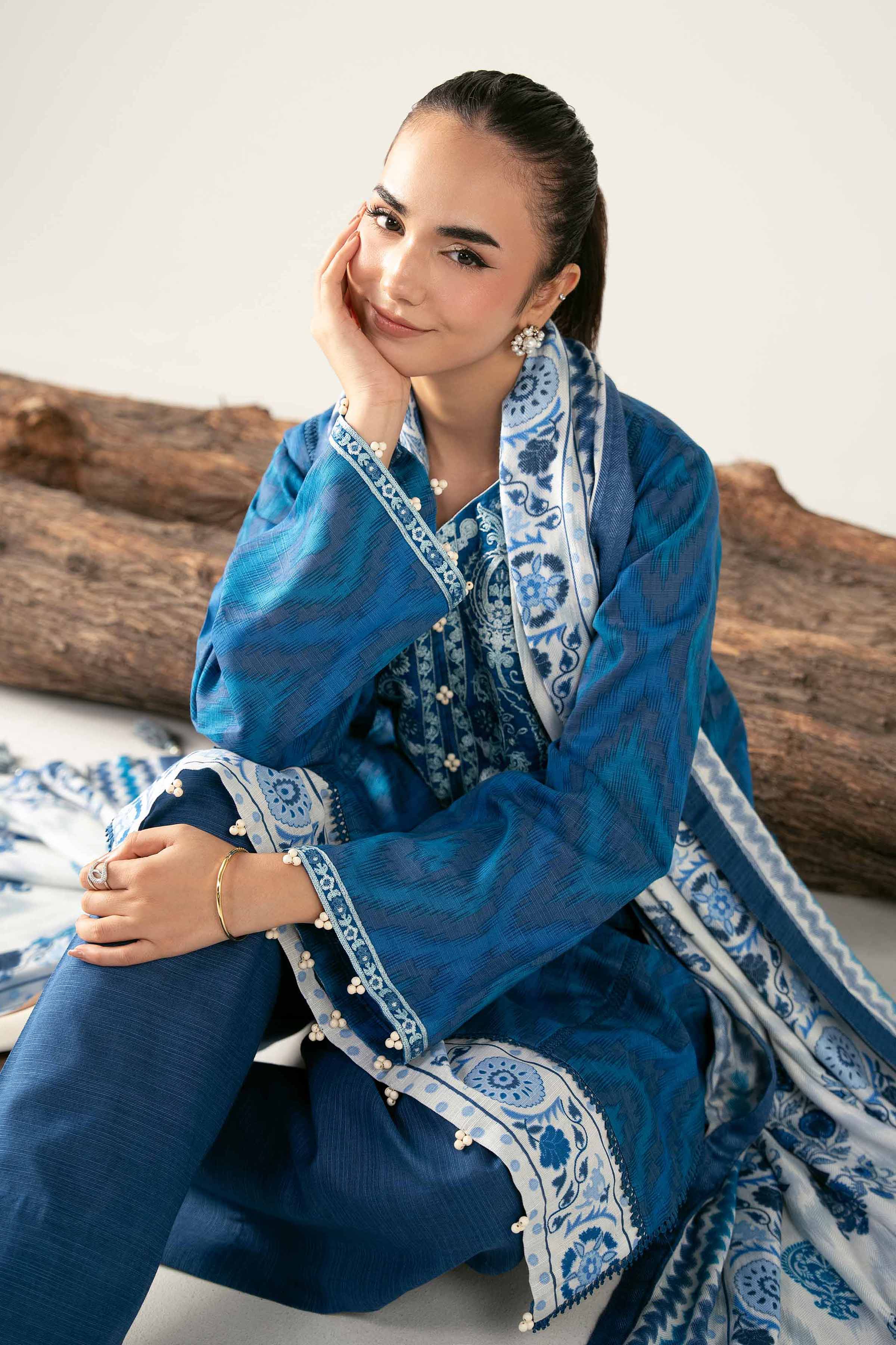 NishatUAE - Blue & White Embroidered Khaddar 3-piece Unstitched Suit
