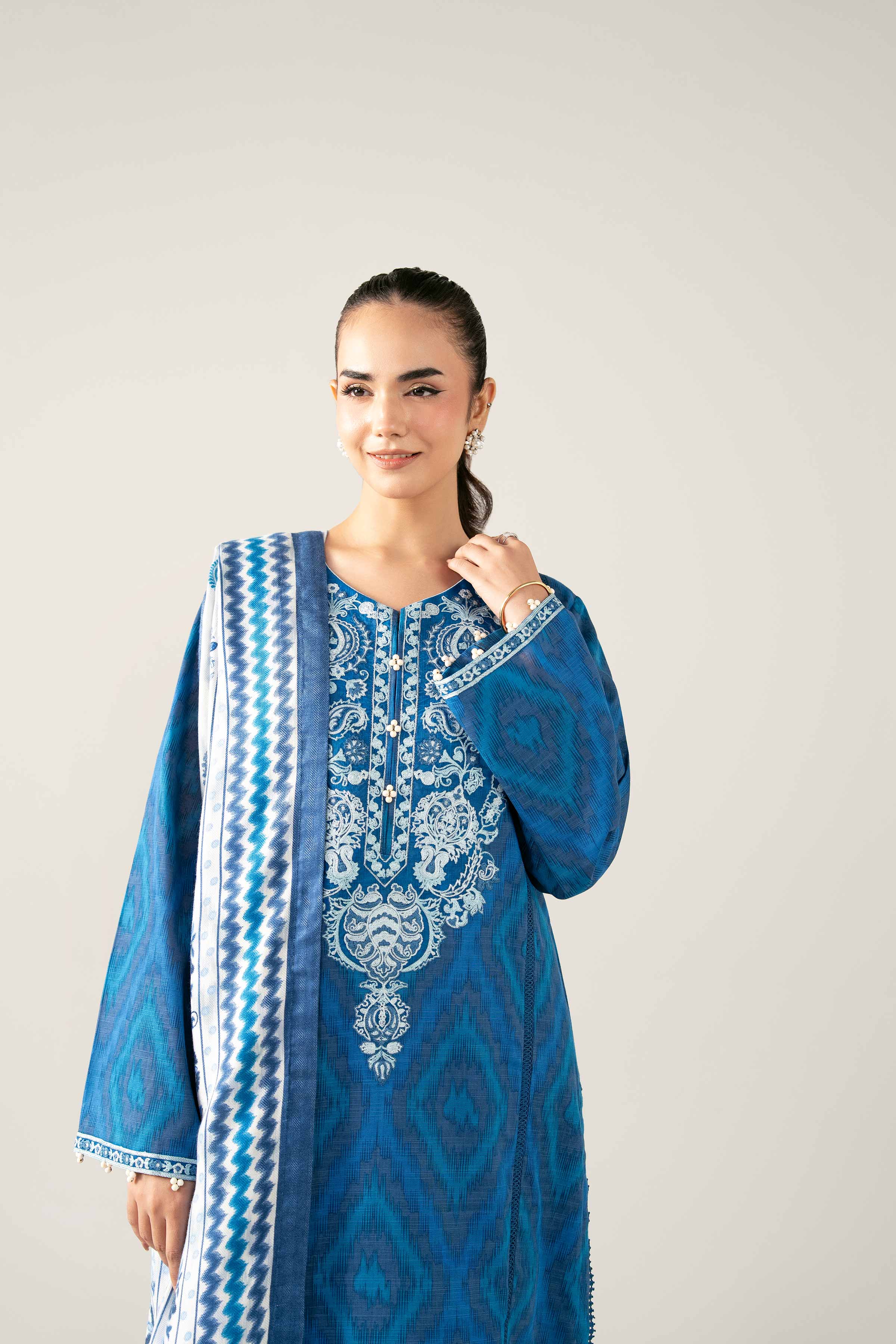 NishatUAE - Blue & White Embroidered Khaddar 3-piece Unstitched Suit