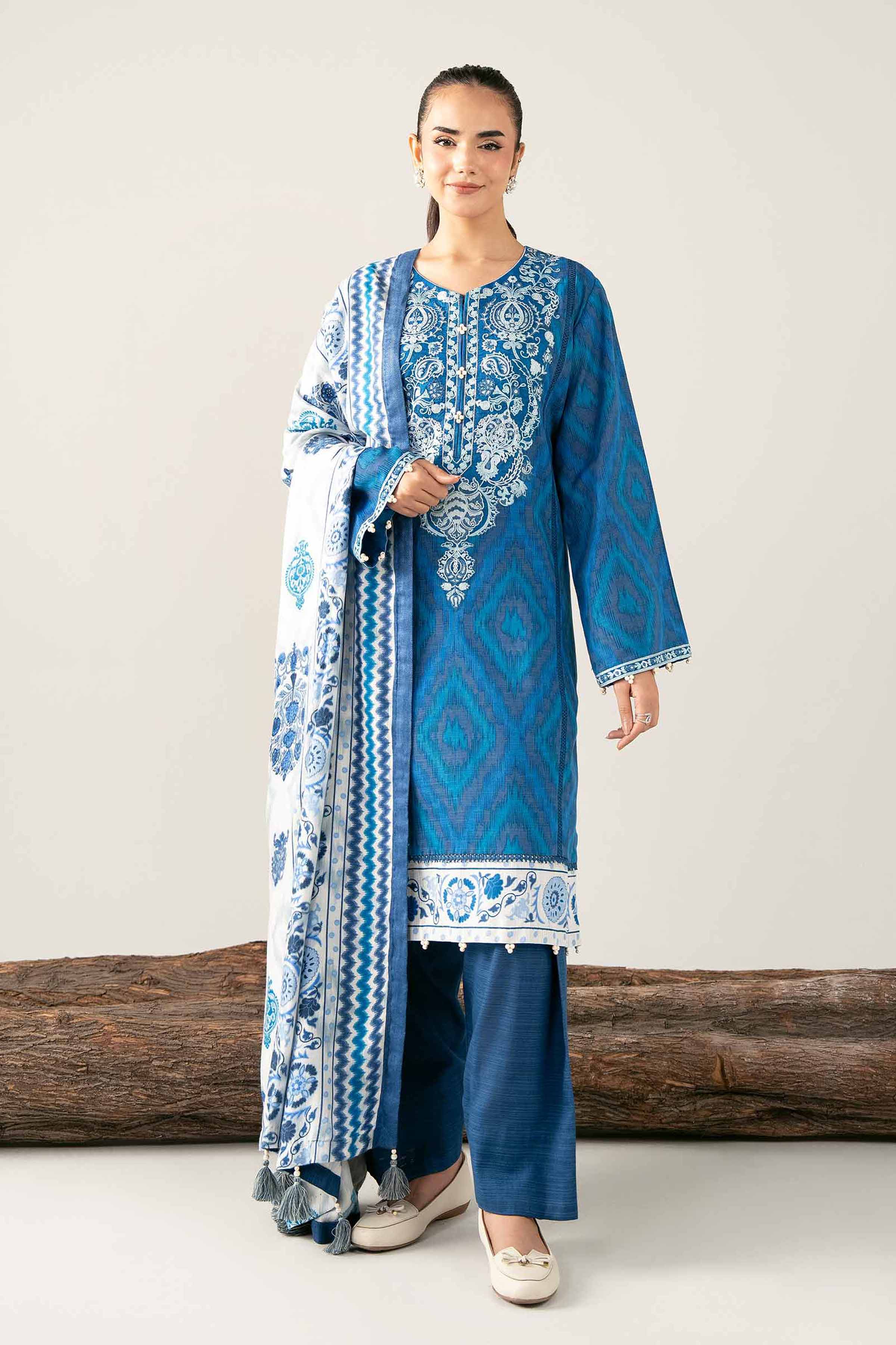 NishatUAE - Blue & White Embroidered Khaddar 3-piece Unstitched Suit